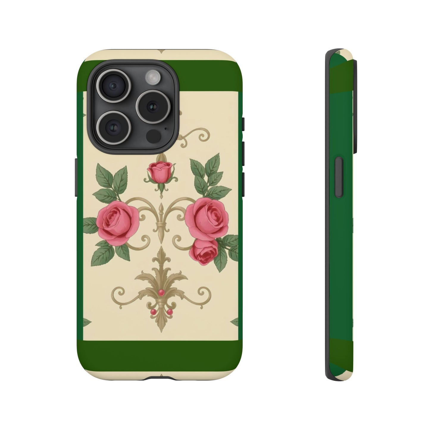 Elegant Floral Motif Phone Case - Tough Cases with Vintage Design - Green Border Roses & Damask