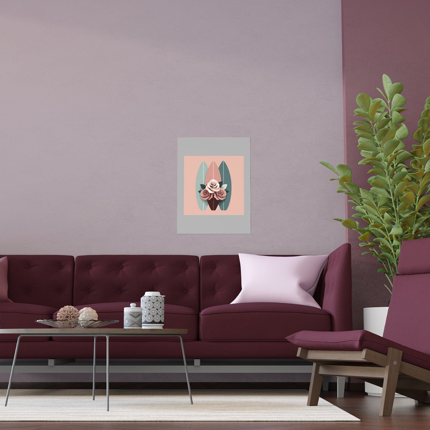 Elegant Floral Silk Poster - Indoor/Outdoor Wall Art for Home Decor - Burgundy, Matte Mauve & Teal Surfboard & Roses