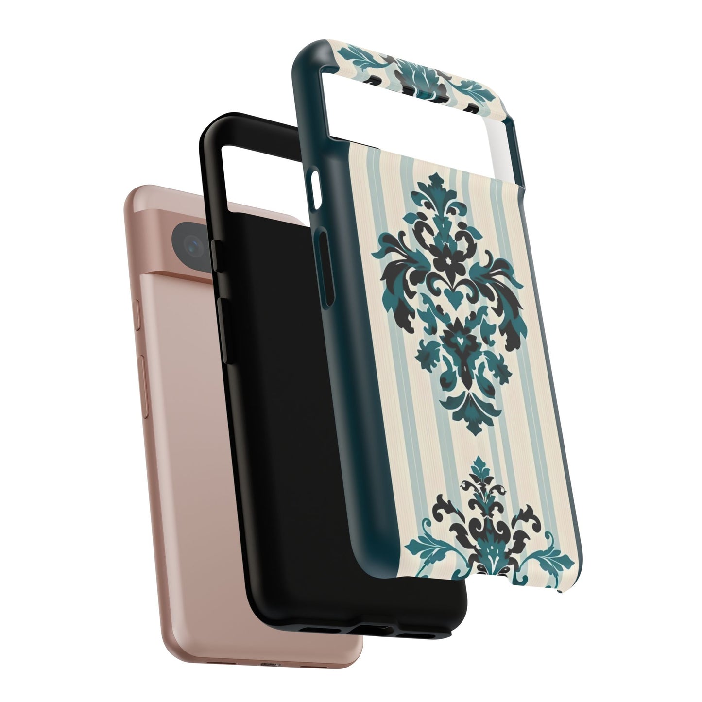 Elegant Floral Phone Case - Tough Cases with Vintage Design - Teal Striped Damask