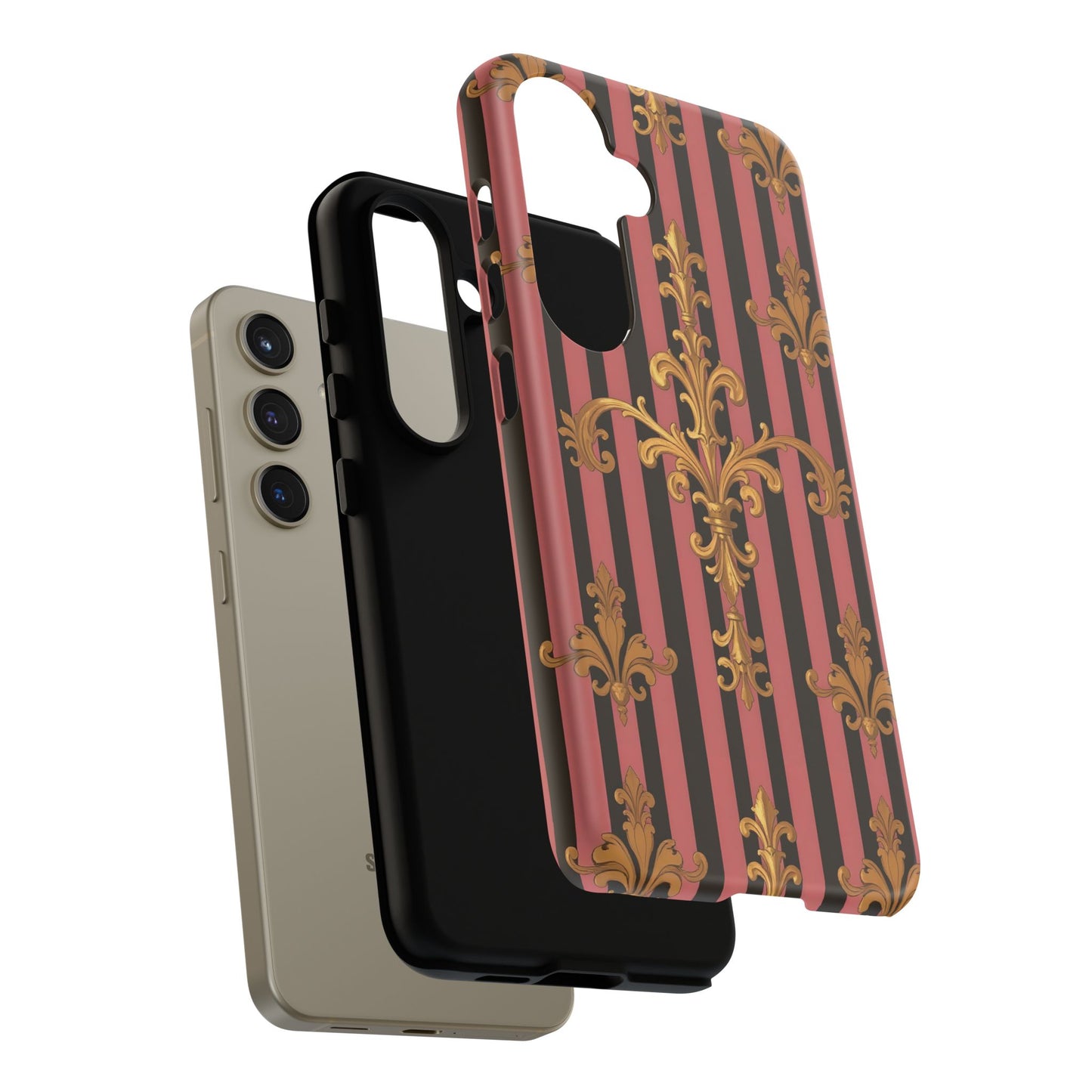 Elegant Floral Motif Phone Case - Tough Cases with Vintage Design - Mauve Striped Gold Damask