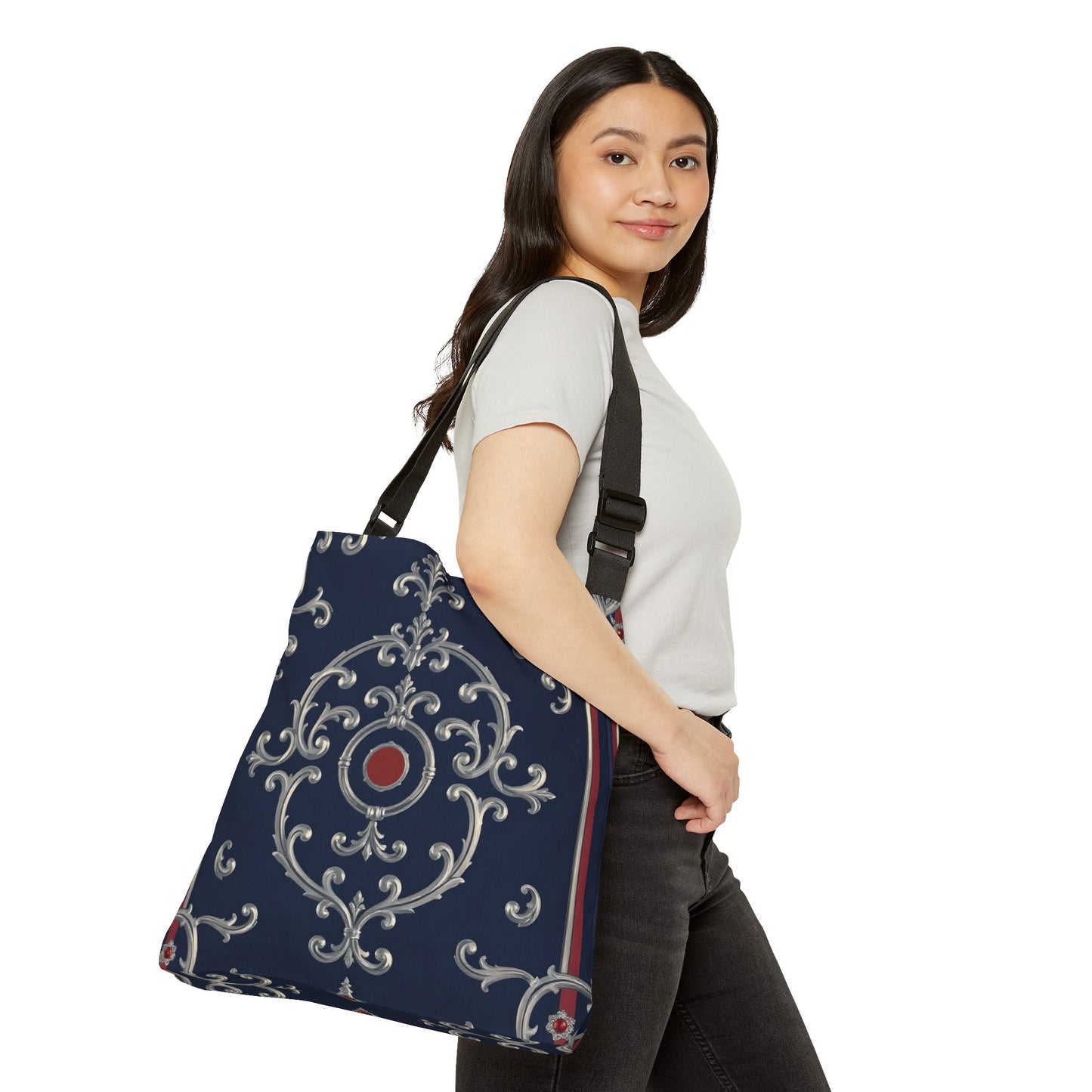 Elegant Adjustable Tote Bag – Stylish Handbag for Everyday Use, Chic Shopping Bag, Perfect for Gifts, Travel or Events - Blue & Red Silver Baroque