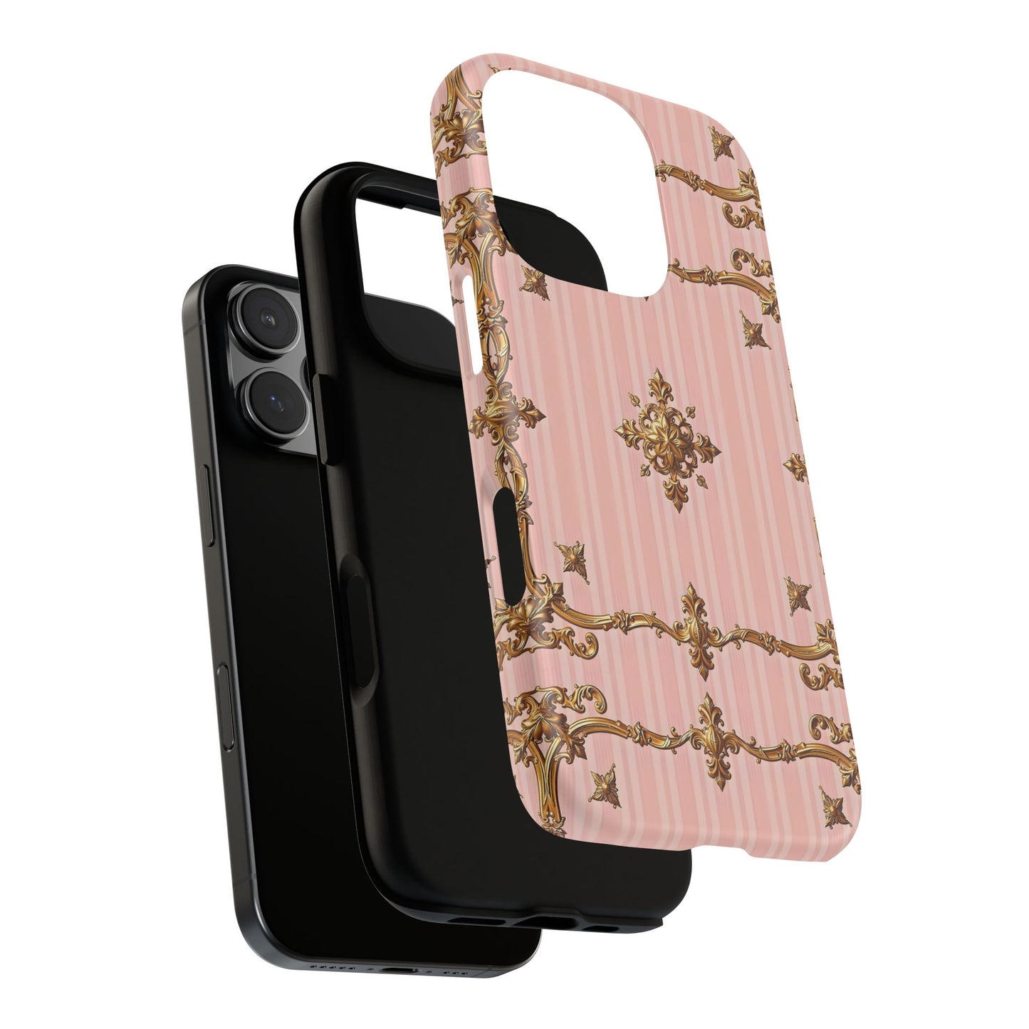 Elegant Floral Phone Case, Tough Cases for Women, Trendy Phone Cover, Chic Gift - Pink Striped Gold Baroque