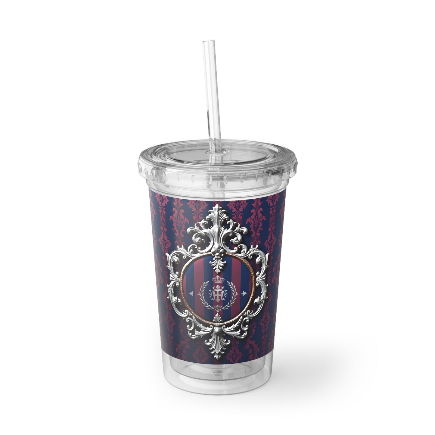 Stylish Acrylic Cup with Elegant Pattern, Gift for Coffee Lovers, Reusable Drinkware, Luxe Travel Mug, Birthday Present - Blue & Plum Striped Silver Crest