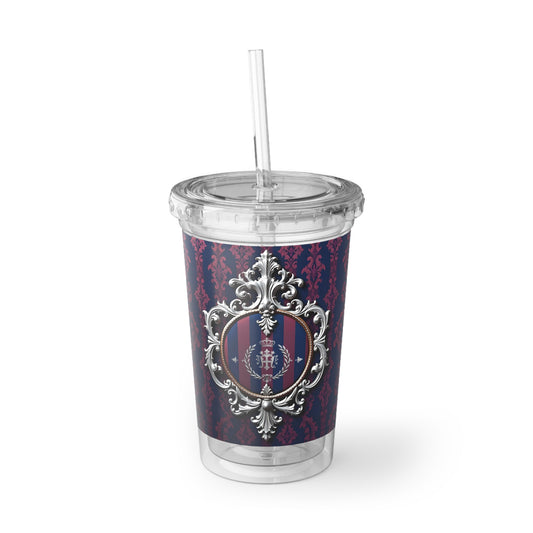 Stylish Acrylic Cup with Elegant Pattern, Gift for Coffee Lovers, Reusable Drinkware, Luxe Travel Mug, Birthday Present - Blue & Plum Striped Silver Crest