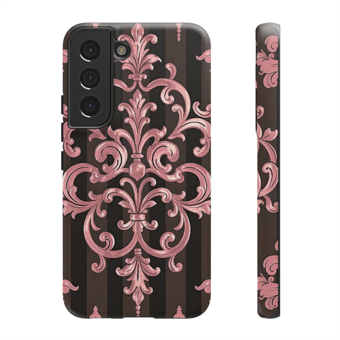 Elegant Floral Motif Phone Case - Tough Cases with Vintage Design - Brown Striped Mauve Damask