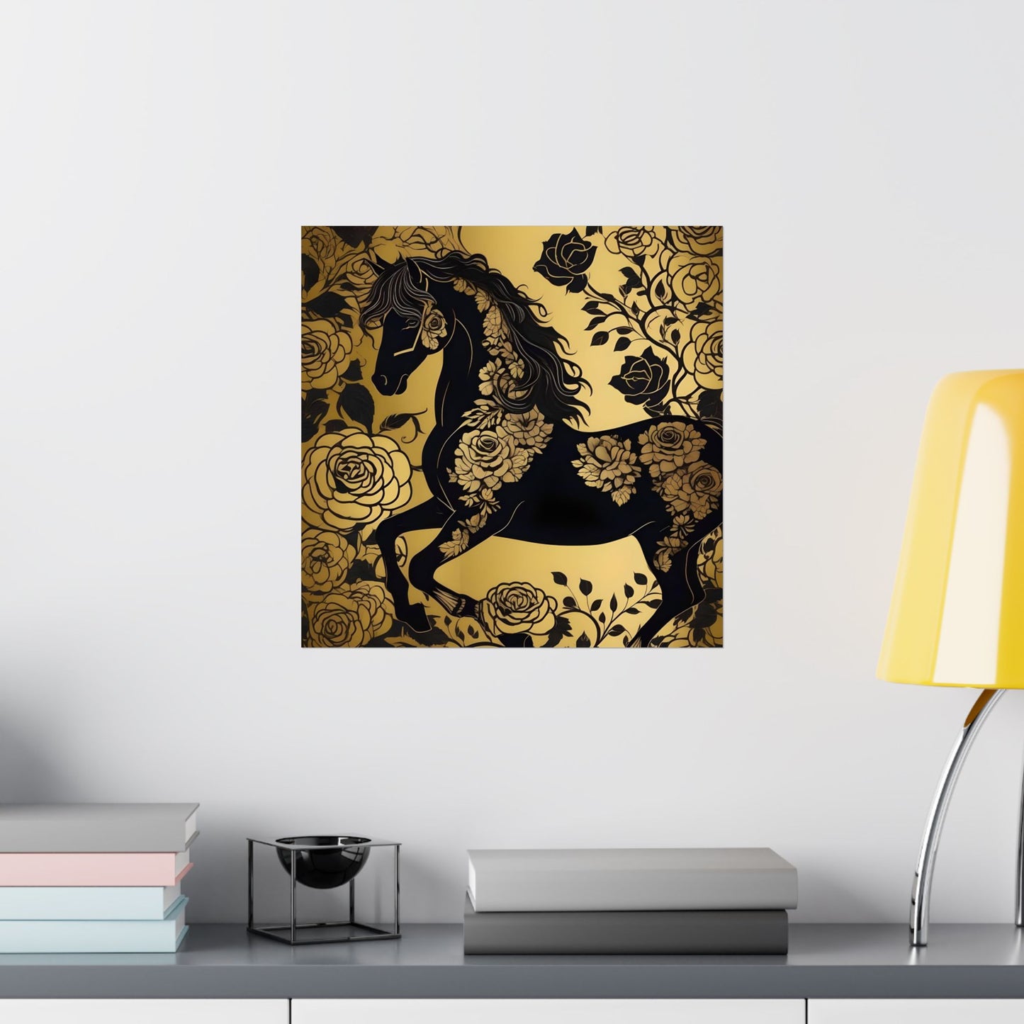 Floral Art Poster - Elegant Matte Vertical Wall Decor - Black & Gold Horse With Roses