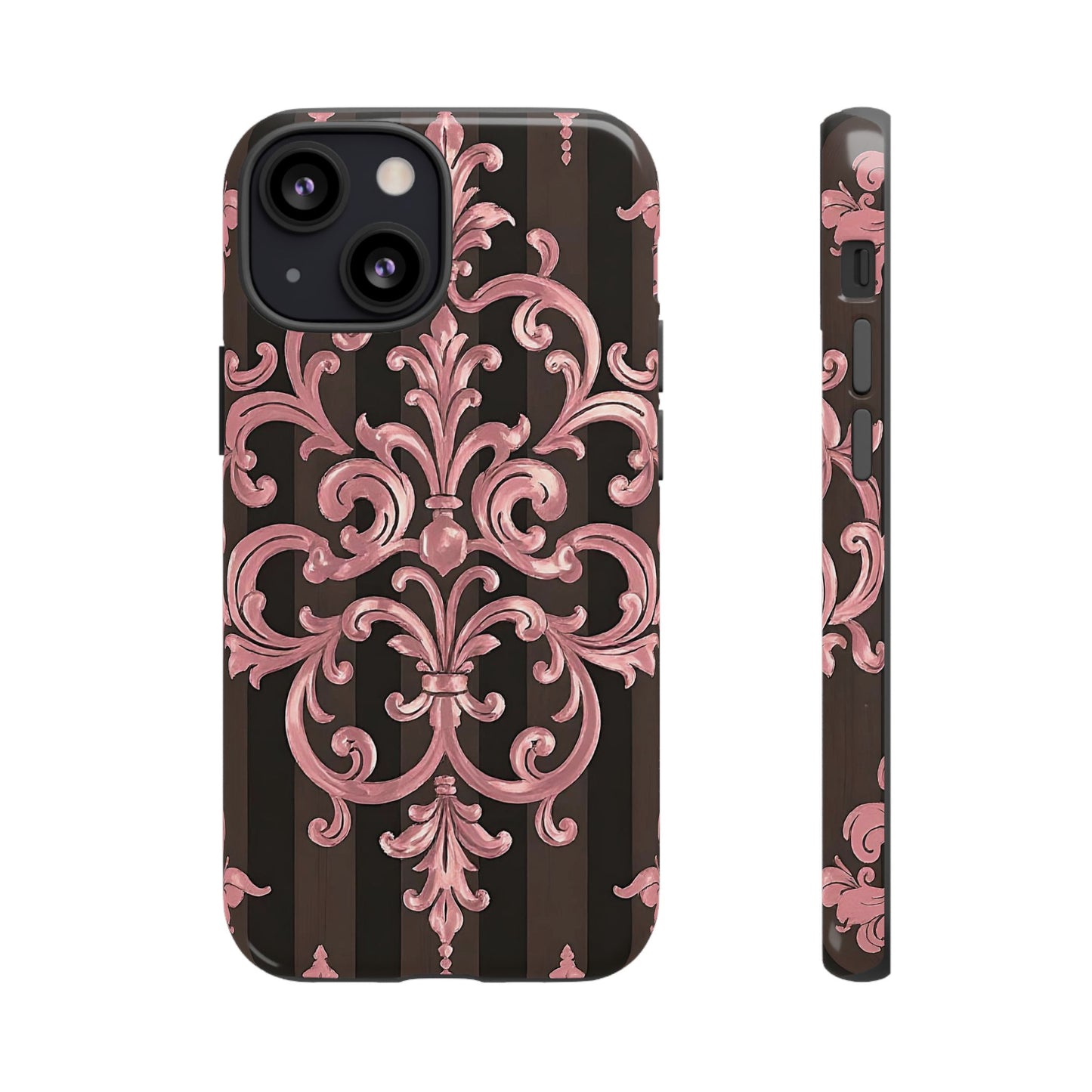 Elegant Floral Motif Phone Case - Tough Cases with Vintage Design - Brown Striped Mauve Damask