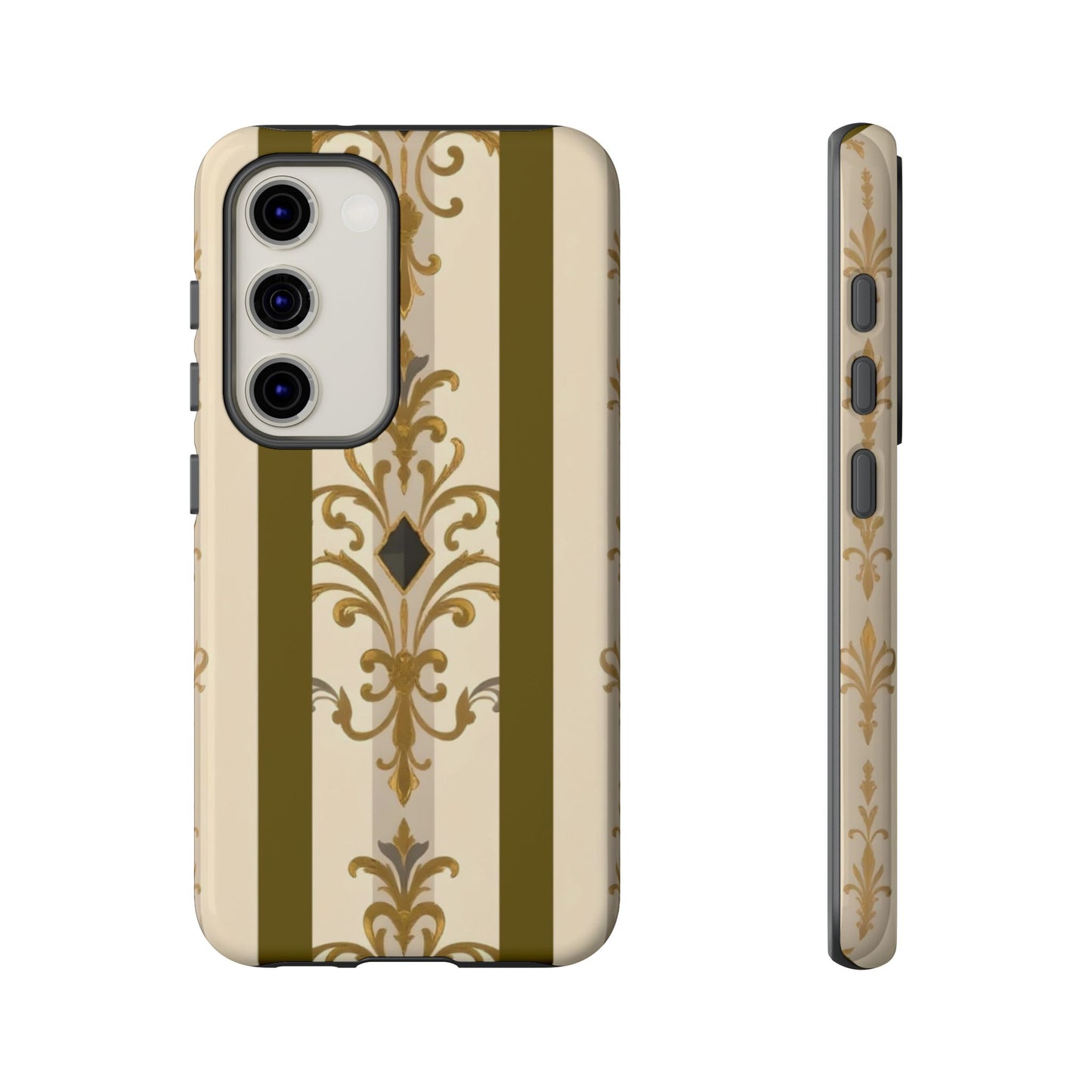 Elegant Floral Motif Phone Case - Tough Cases with Vintage Design - Olive Striped Gold Damask