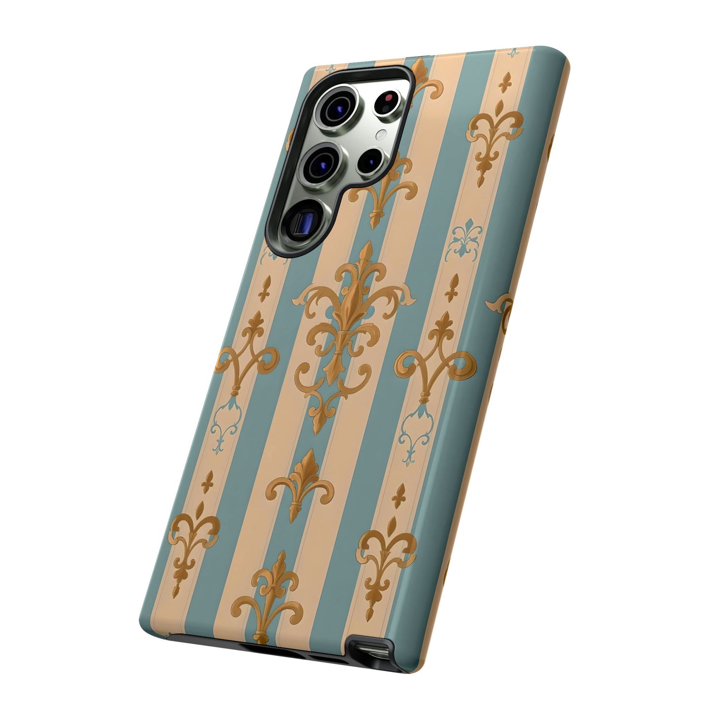 Elegant Floral Motif Phone Case - Tough Cases with Vintage Design -  Beige & Sky Blue Striped Gold Damask