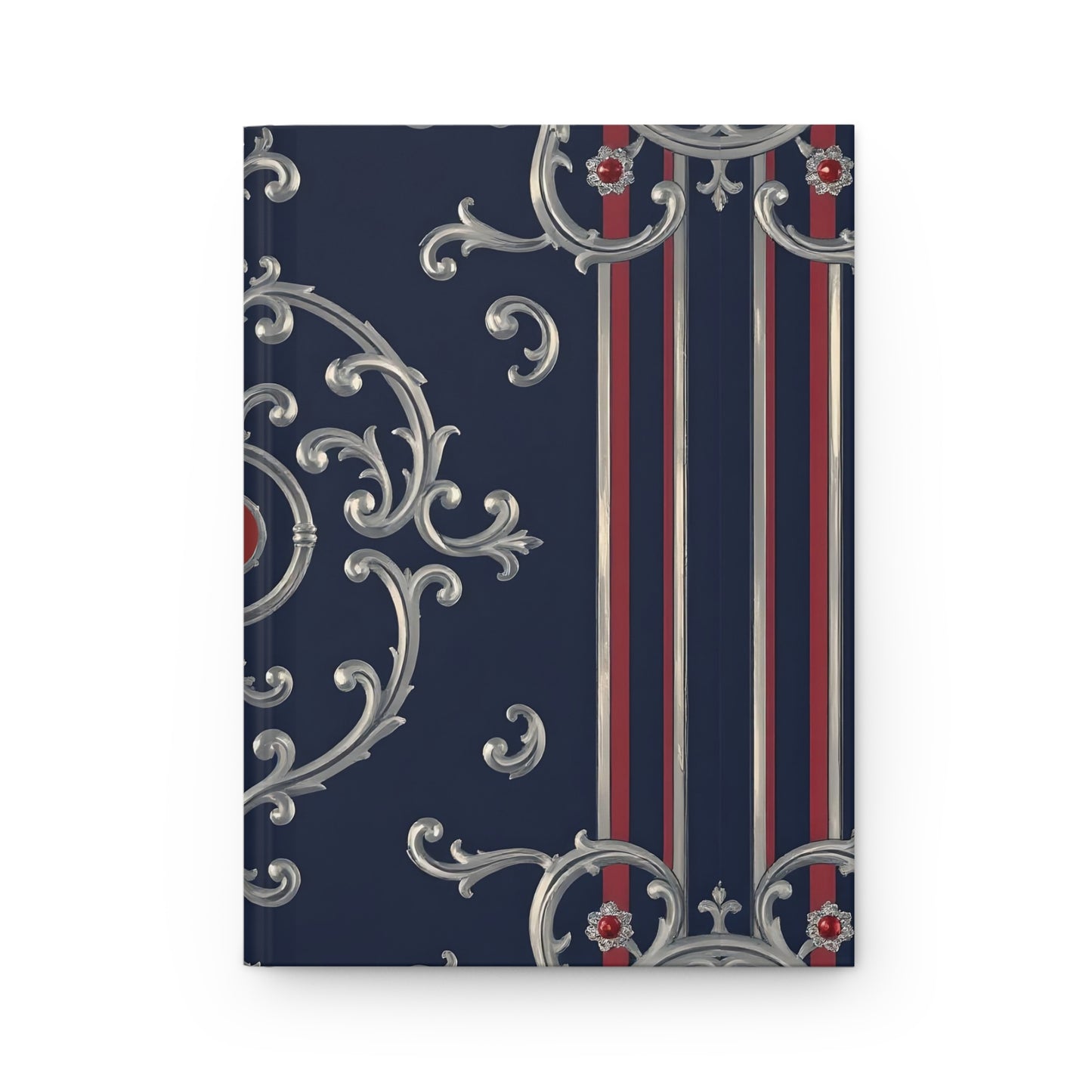 Elegant Floral Hardcover Journal, Stylish Notebook, Gold Accents, Perfect Gift for Writers - Blue & Red Striped Silver Baroque