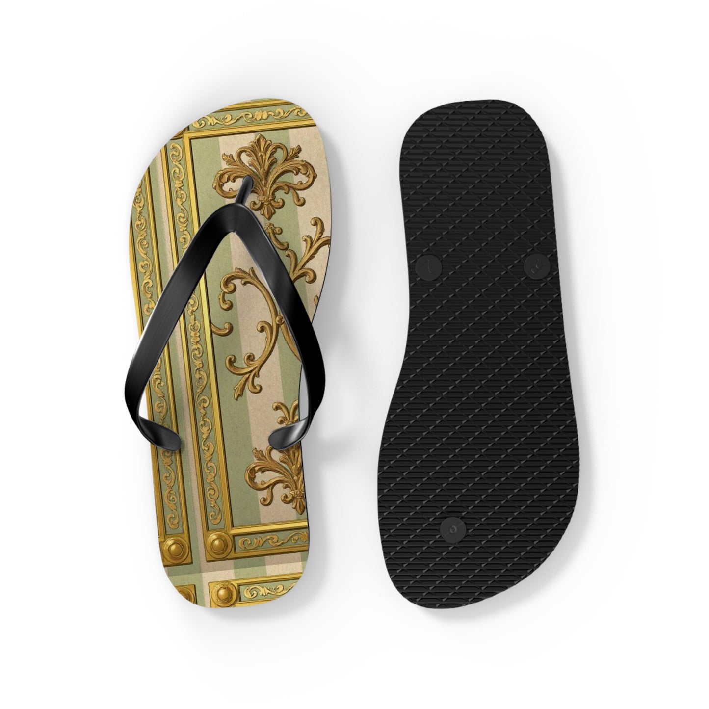 Elegant Floral Flip Flops for Summer, Beach Footwear, Stylish Sandals, Vacation Essentials, Outdoor Slip-On Shoes - Mint & Beige Striped Gold Baroque