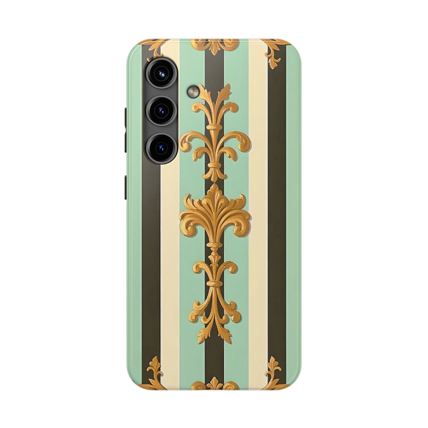 Elegant Floral Tough Phone Cases - Stylish Protection for All Occasions, Gifts for Her, Phone Covers - Black & Matte Mint Striped Rococo