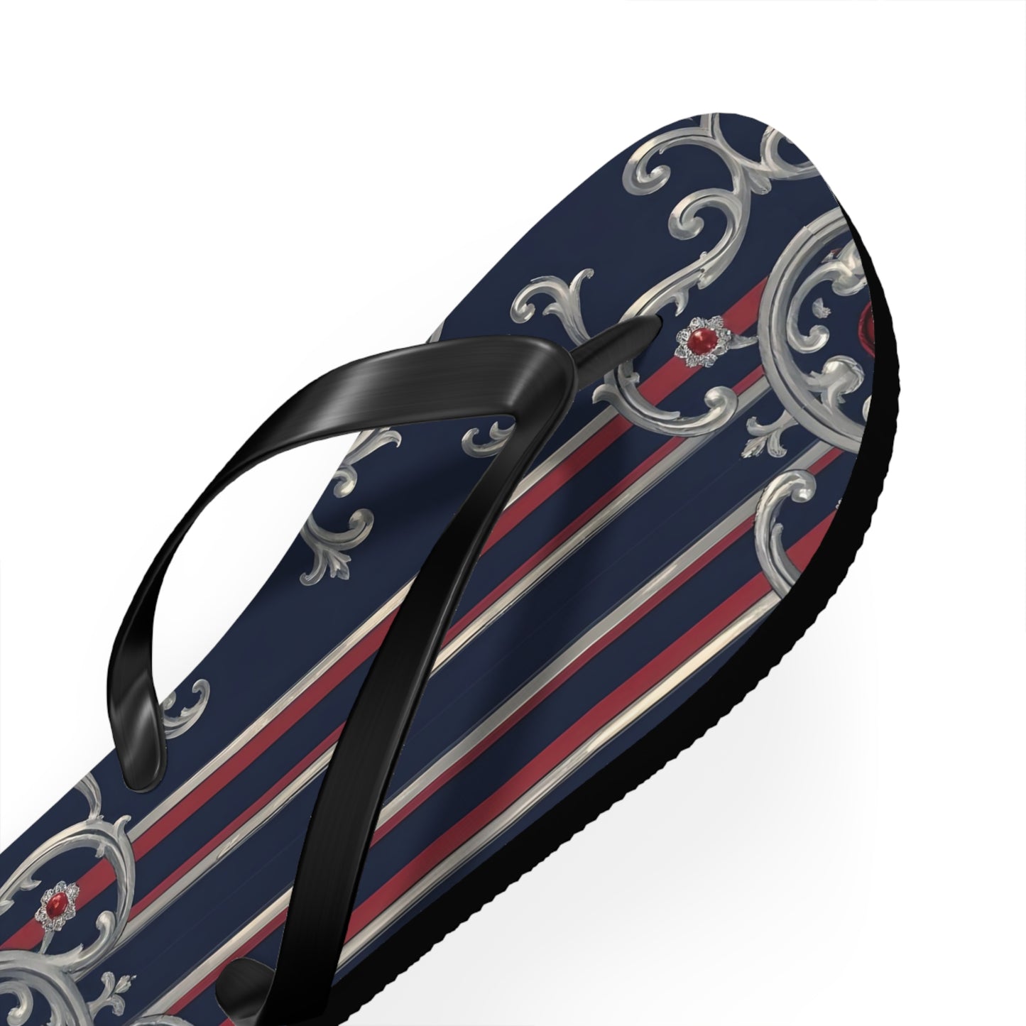 Elegant Nautical Flip Flops | Perfect for Beach Days, Summer Parties, Travel, Vacation, Poolside Relaxation - Blue & Red Striped Silver Baroque