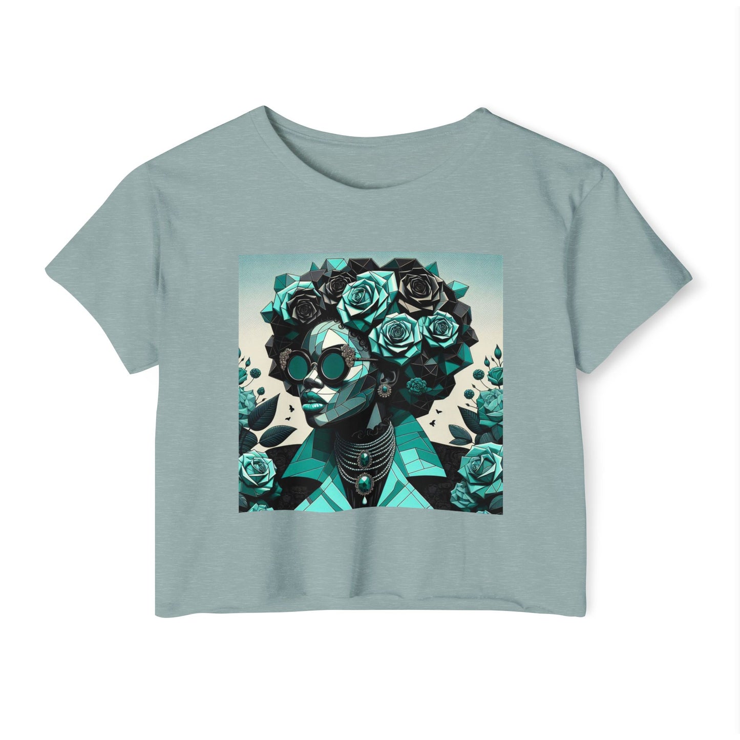 Women's Festival Crop Top with Artistic Floral Design, Boho Clothing, Trendy Summer Style, Perfect for Music Festivals - Turquoise & Black Roses Lady