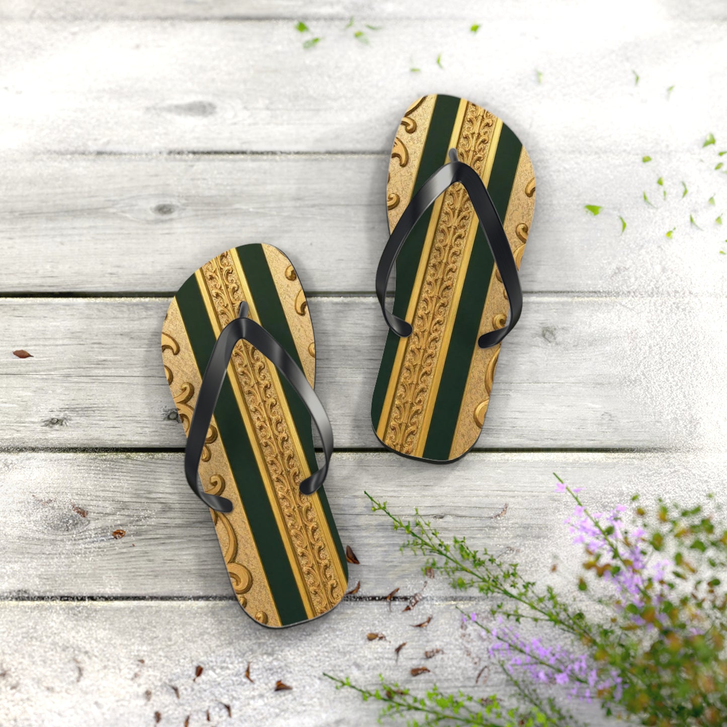 Elegant Teal Striped Gold Baroque Flip Flops, Summer Sandals, Beach Footwear, Vacation Essentials, Stylish Slippers, Poolside Accessories