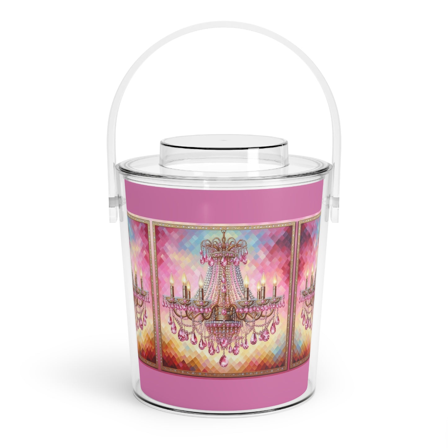 Chic Ice Bucket with Tongs, Elegant Barware for Parties, Glamour Gift for Celebrations, Decorative Beverage Cooler - Pink Jeweled Chandelier