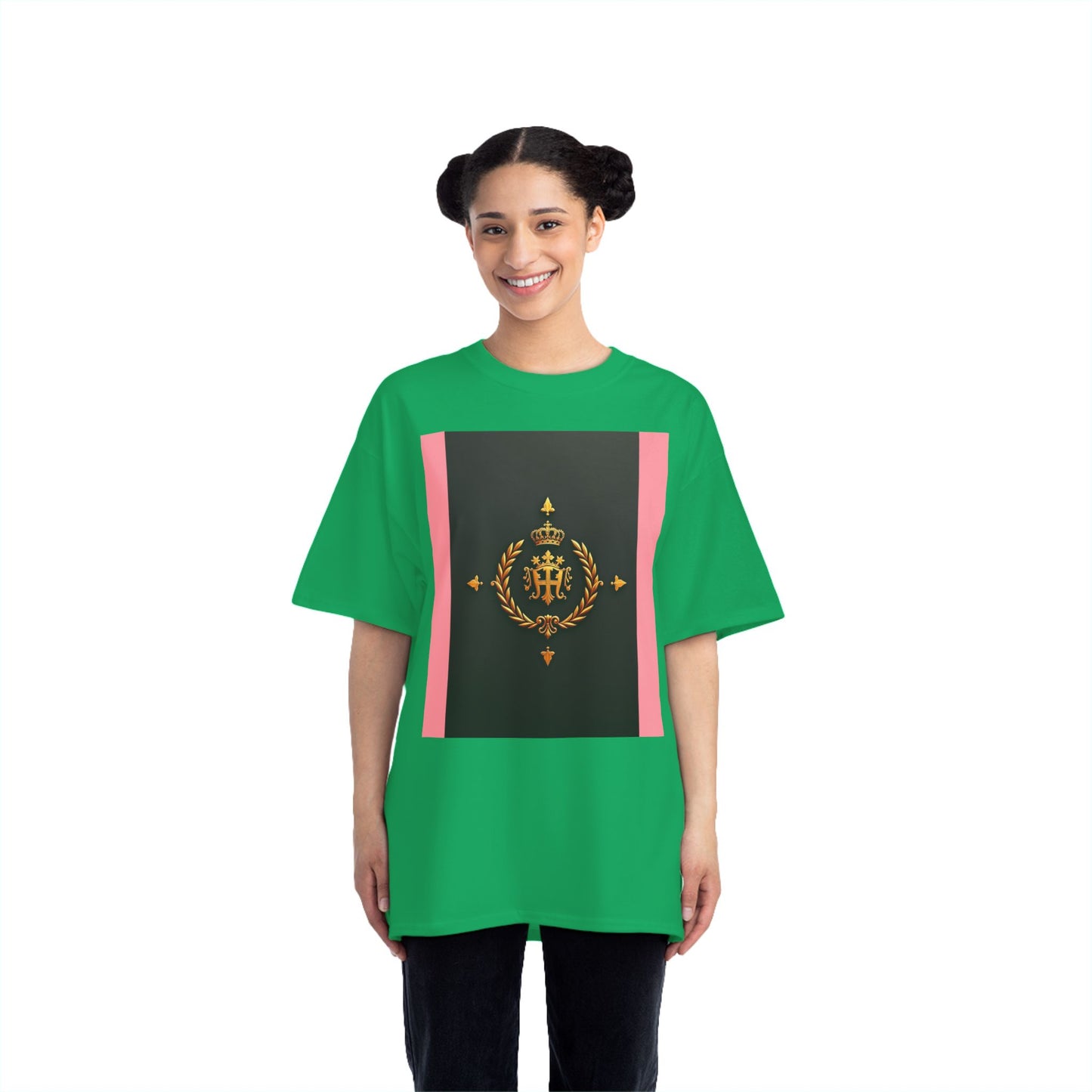 Short-Sleeve Graphic T-Shirt, Stylish Casual Wear, Trendy Gift for Friends, Summer Fashion, Statement Tee, Everyday Comfort - Pink Striped Gold Crest