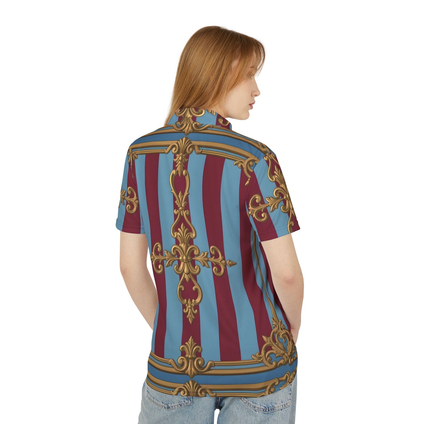 Ornate Pattern Unisex Polo Shirt | Casual Everyday Wear, Trendy Outfit for Men and Women - Sky Blue & Maroon Striped Baroque