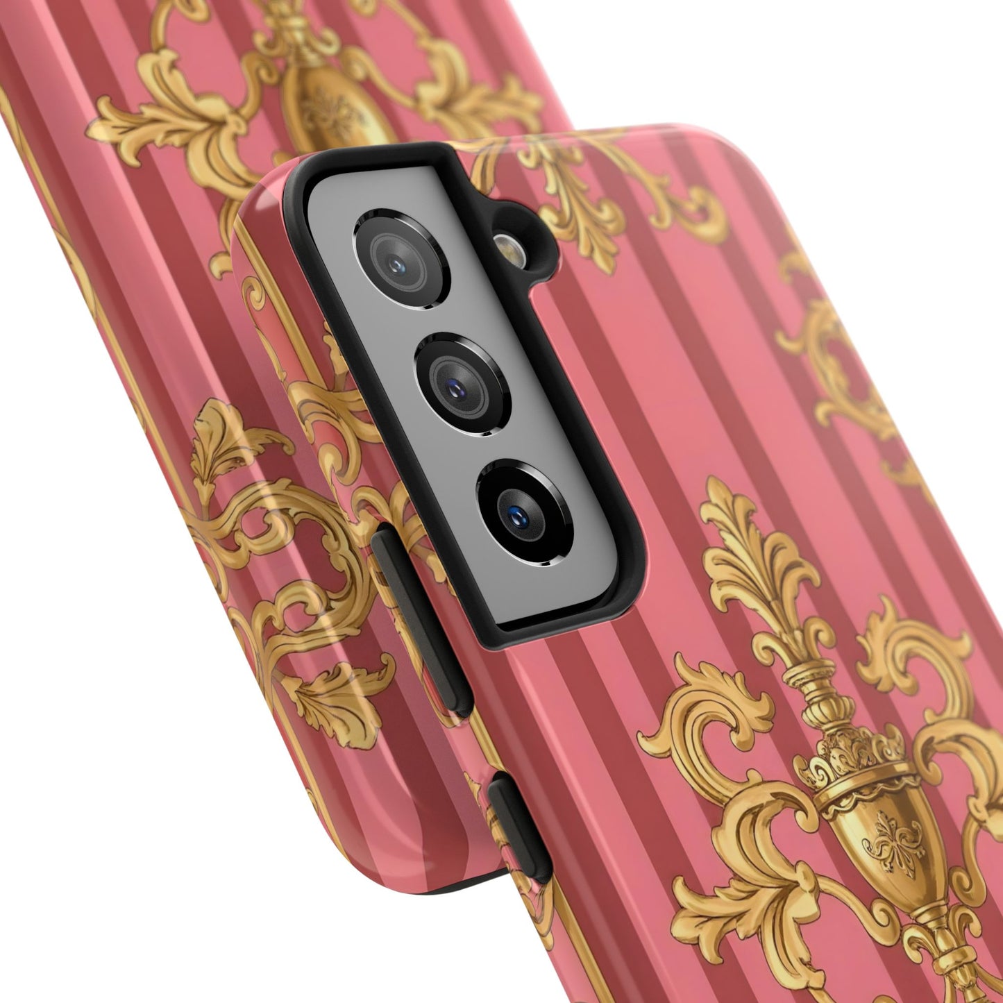 Elegant Baroque Tough Phone Cases, Durable Phone Cover, Stylish Accessory, Gift for Any Occasion - Pink Striped Gold Baroque