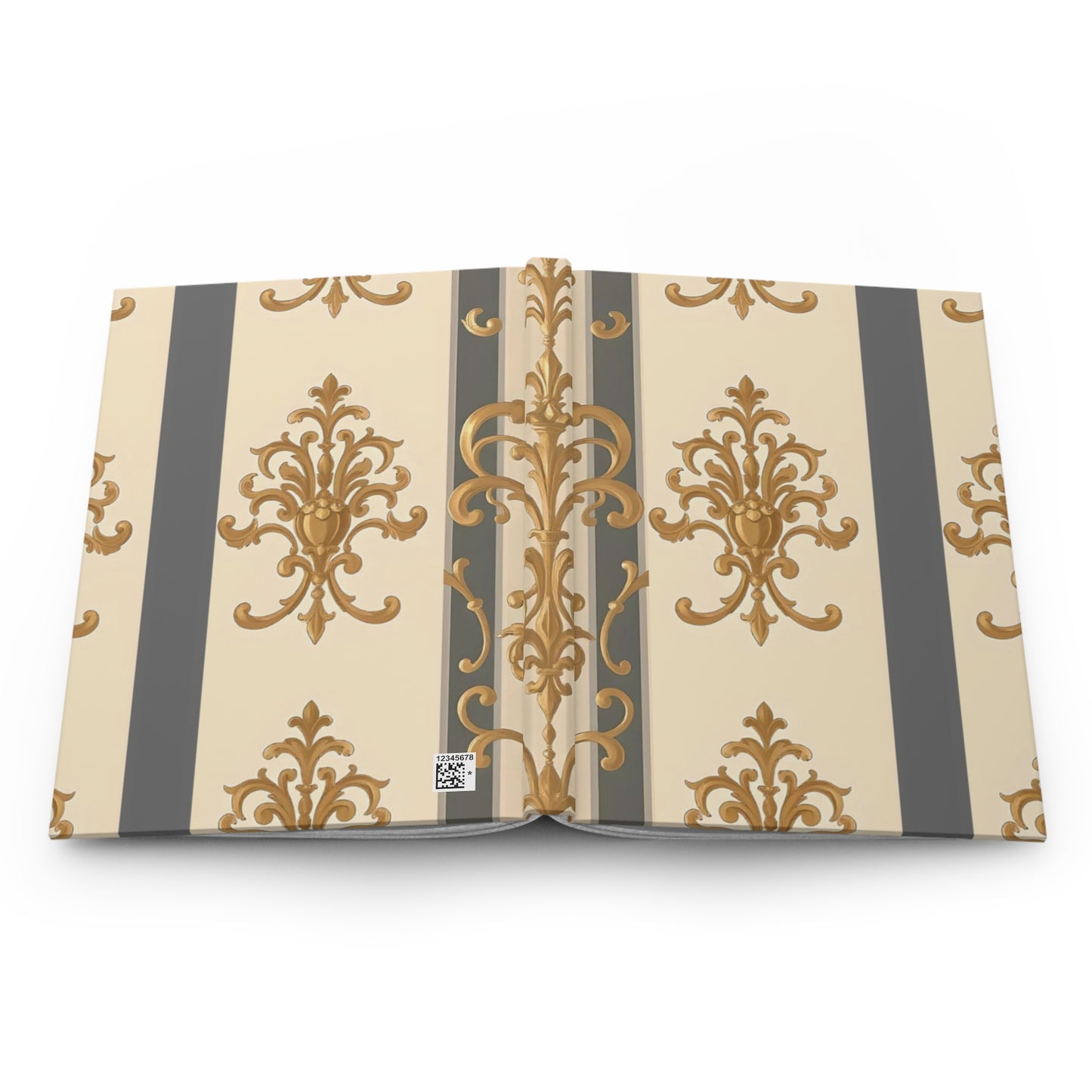 Elegant Floral Motif Hardcover Journal - Stylish Writing Notebook - Dusk Olive Striped Gold Damask