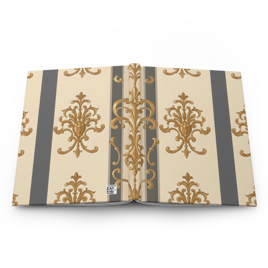 Elegant Floral Motif Hardcover Journal - Stylish Writing Notebook - Dusk Olive Striped Gold Damask