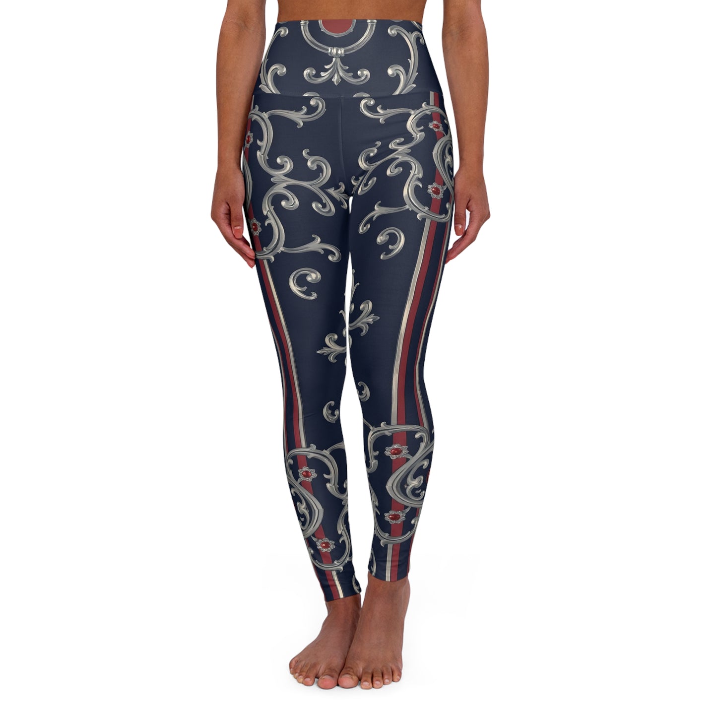 Stylish High Waisted Yoga Leggings, Comfortable Activewear, Fitness Gift, Leggings for Women, Trendy Sportswear - Blue & Red Striped Silver Baroque