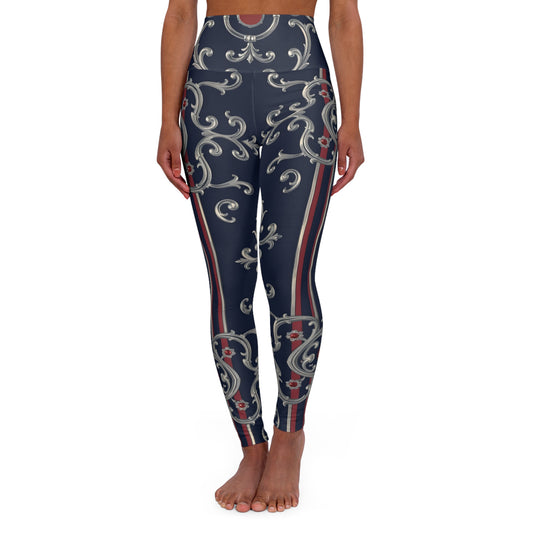 Stylish High Waisted Yoga Leggings, Comfortable Activewear, Fitness Gift, Leggings for Women, Trendy Sportswear - Blue & Red Striped Silver Baroque