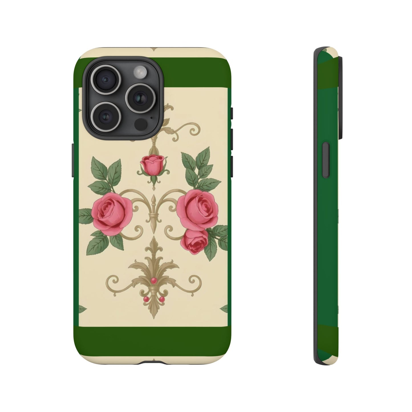 Elegant Floral Motif Phone Case - Tough Cases with Vintage Design - Green Border Roses & Damask