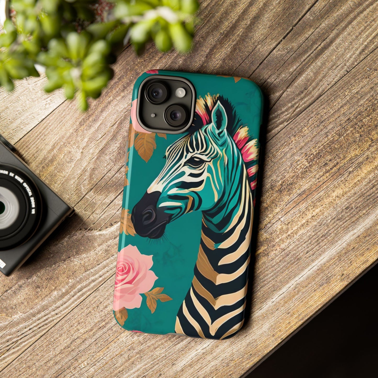 Phone Case - Elegant Teal & Gold Zebra & Roses Design