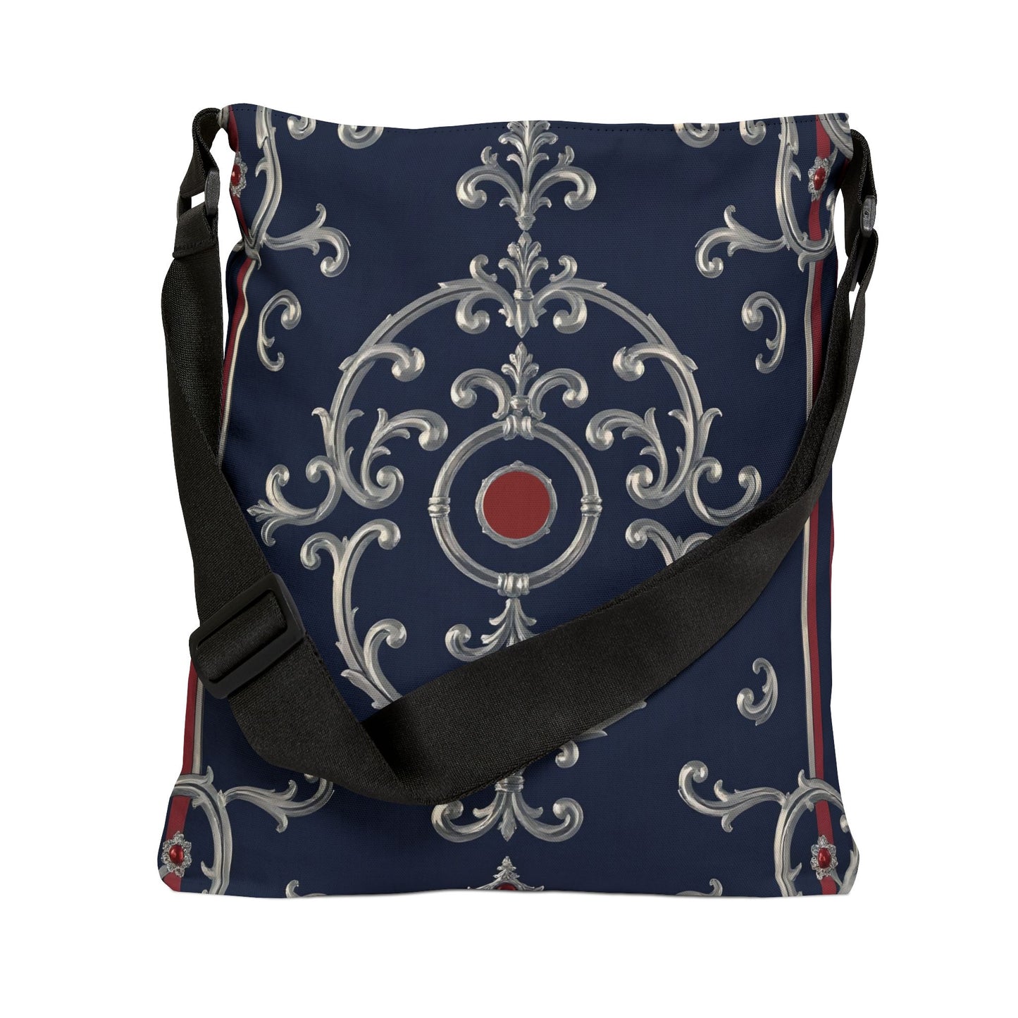 Elegant Adjustable Tote Bag – Stylish Handbag for Everyday Use, Chic Shopping Bag, Perfect for Gifts, Travel or Events - Blue & Red Silver Baroque