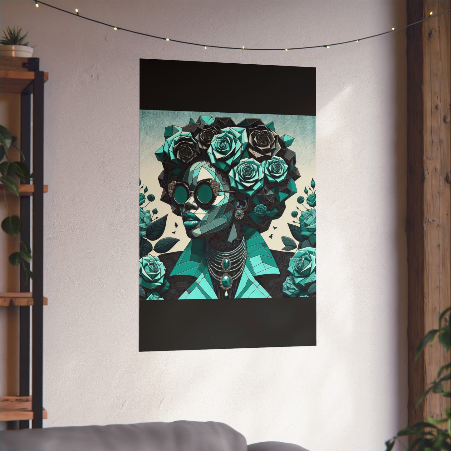 Chic Floral Fine Art Poster | Modern Wall Decor, Home Aesthetic, Gift for Art Lovers, Unique Room Makeover - Turquoise & Black Roses Lady