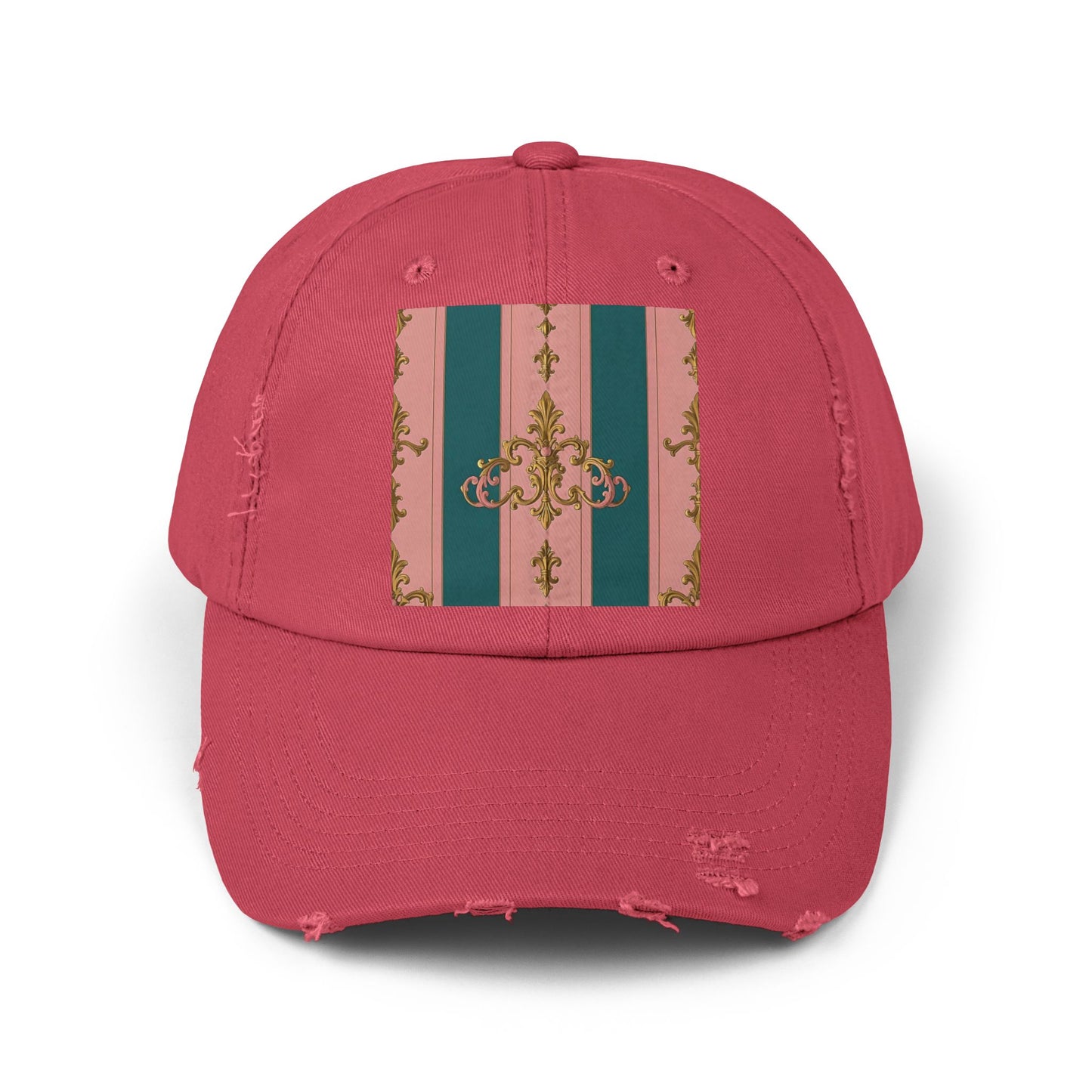 Chic Vintage Distressed Cap, Trendy Unisex Baseball Hat, Fashionable Everyday Wear - Pink & Teal Striped Gold Baroque