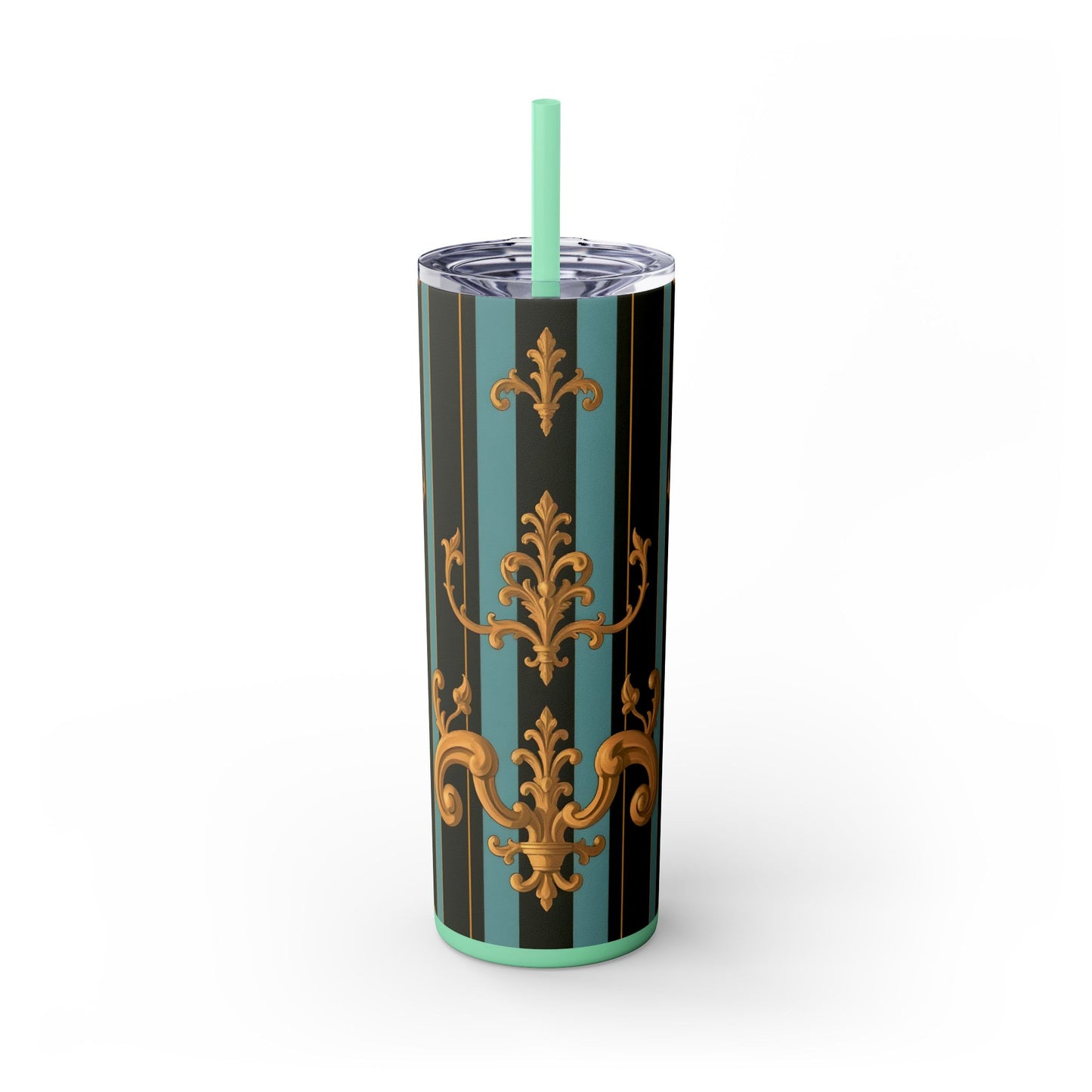 Elegant Vintage Skinny Tumbler with Straw, 20oz | Gold Floral Pattern, Reusable Drinkware, Perfect for Home - Black & Turquoise Striped Baroque