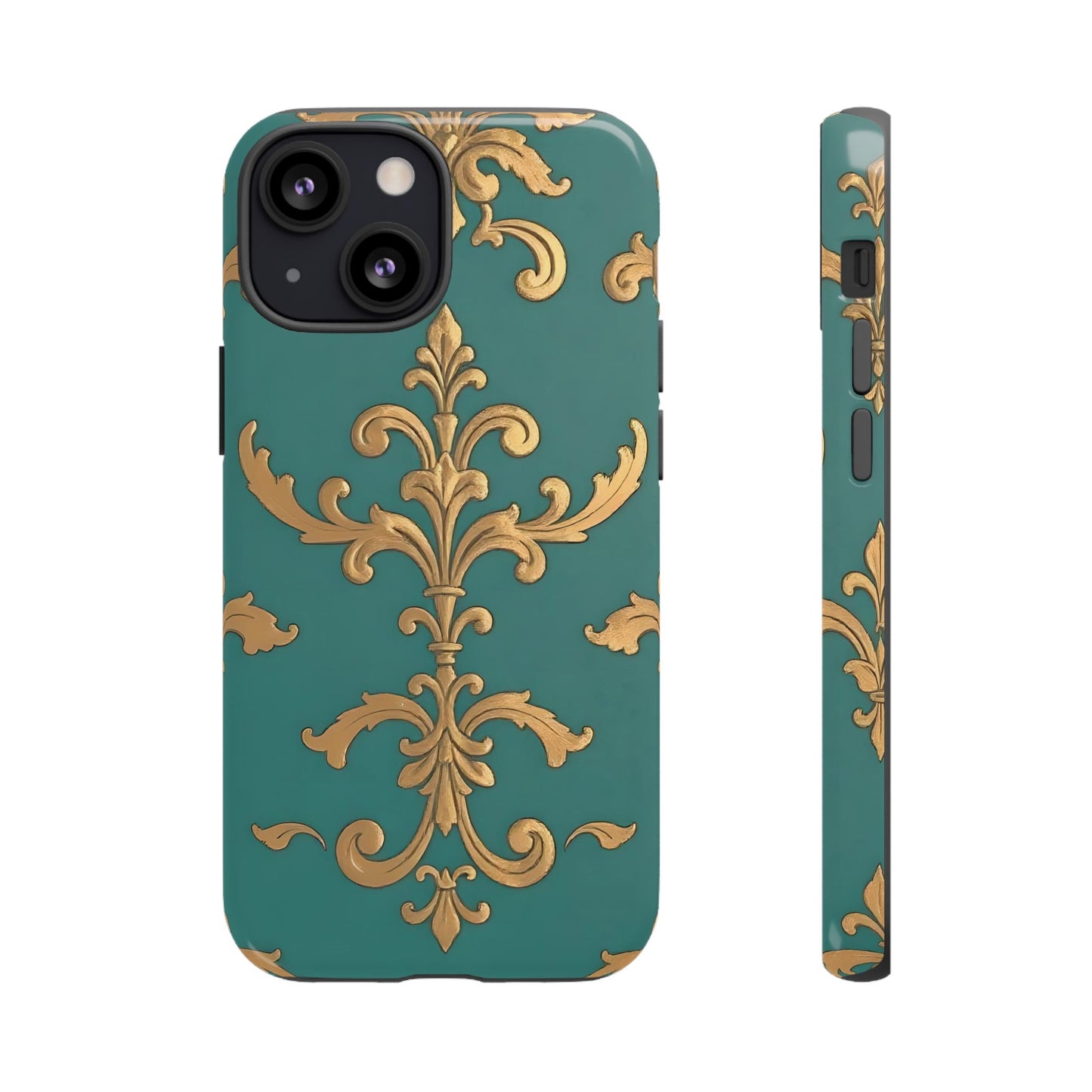 Elegant Floral Motif Phone Case - Tough Cases with Vintage Design - Aqua & Gold Damask