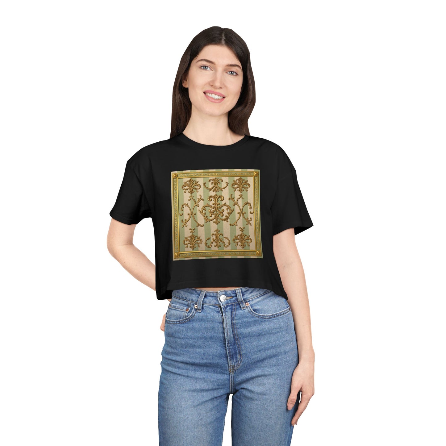 Stylish Women's Crop Tee with Elegant Print, Summer Fashion Top, Casual Chic Shirt, Gift for Her, Trendy Outfit - Mint & Beige Striped Gold Baroque
