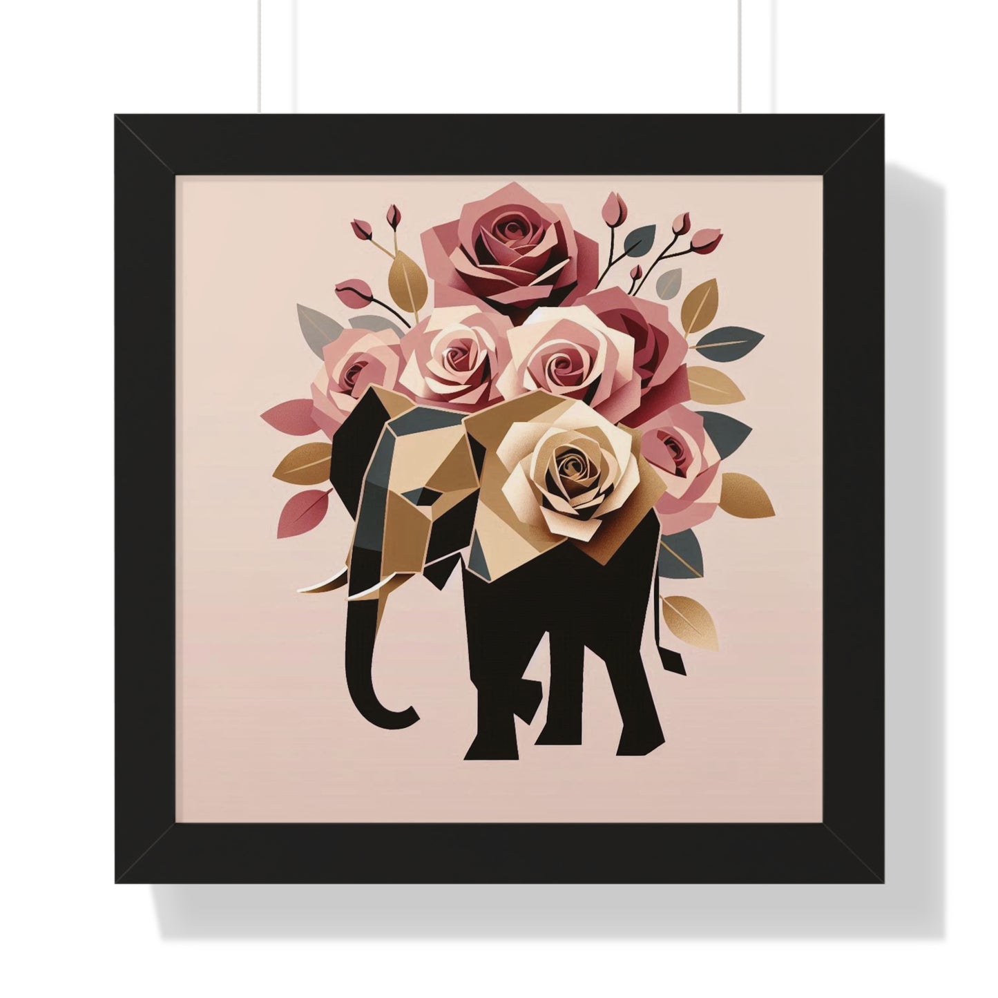 Vertical Poster - Black & Gold Elephant & Roses Wall Art