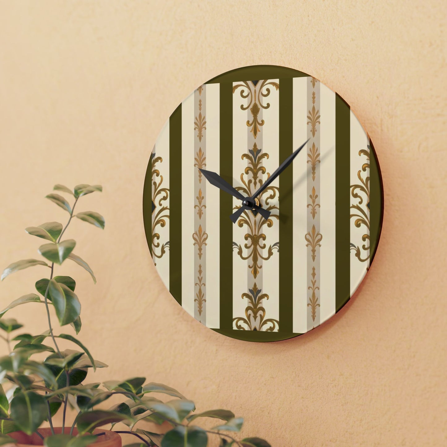 Bohemian Damask-Inspired Acrylic Wall Clock with Floral Design - Olive Striped Gold Damask