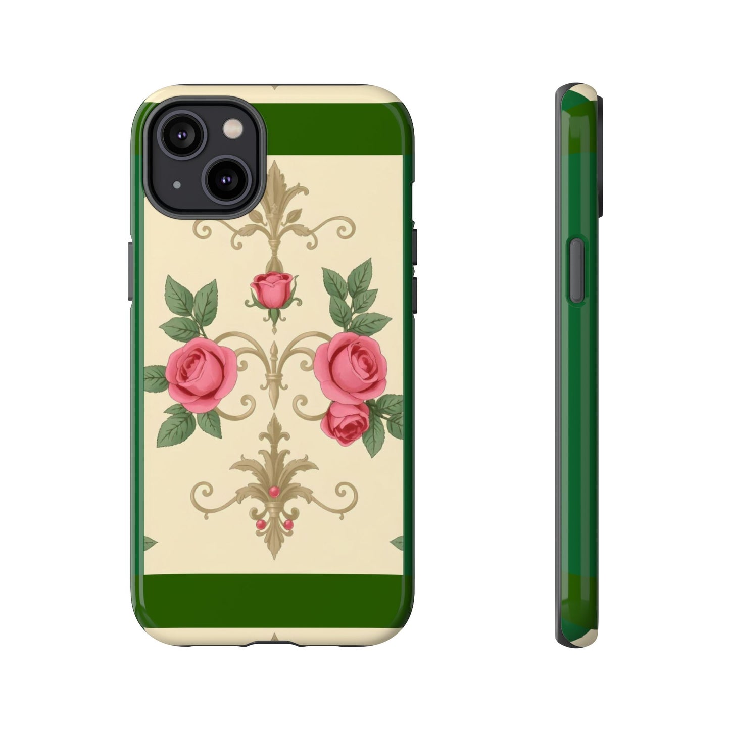 Elegant Floral Motif Phone Case - Tough Cases with Vintage Design - Green Border Roses & Damask