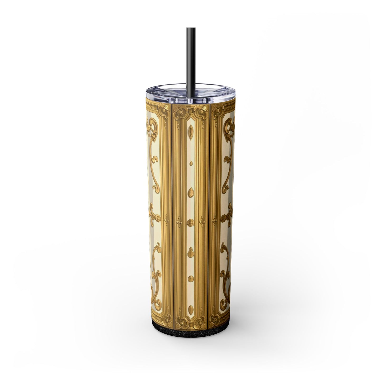 Elegant Vintage Skinny Tumbler with Straw, 20oz - Golden Baroque Design for Weddings, Parties - Matte Gray & Cream Striped Gold Baroque