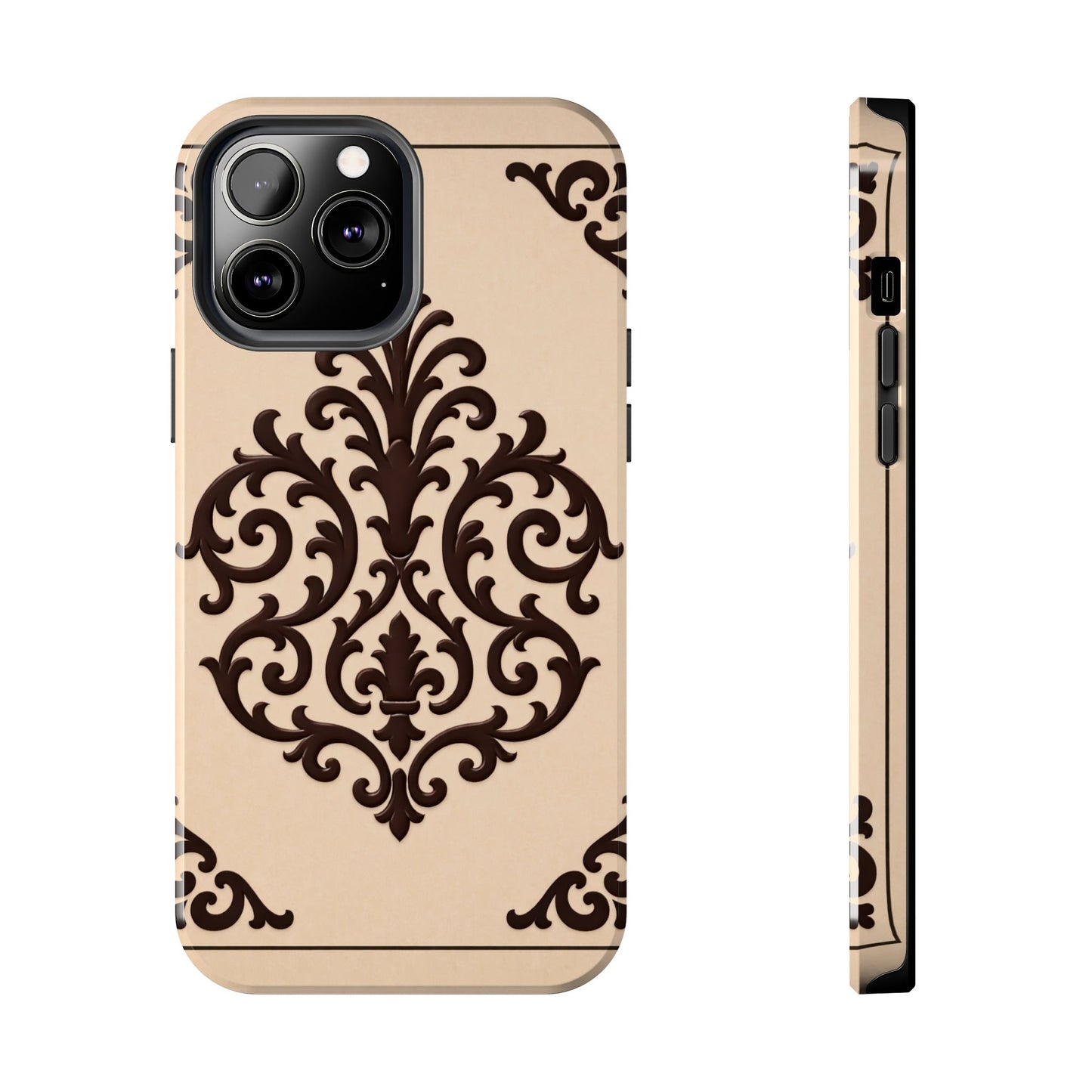 Almond-Beige & Brown Baroque Tough Phone Case — Elegant Beige & Brown Protective Cover