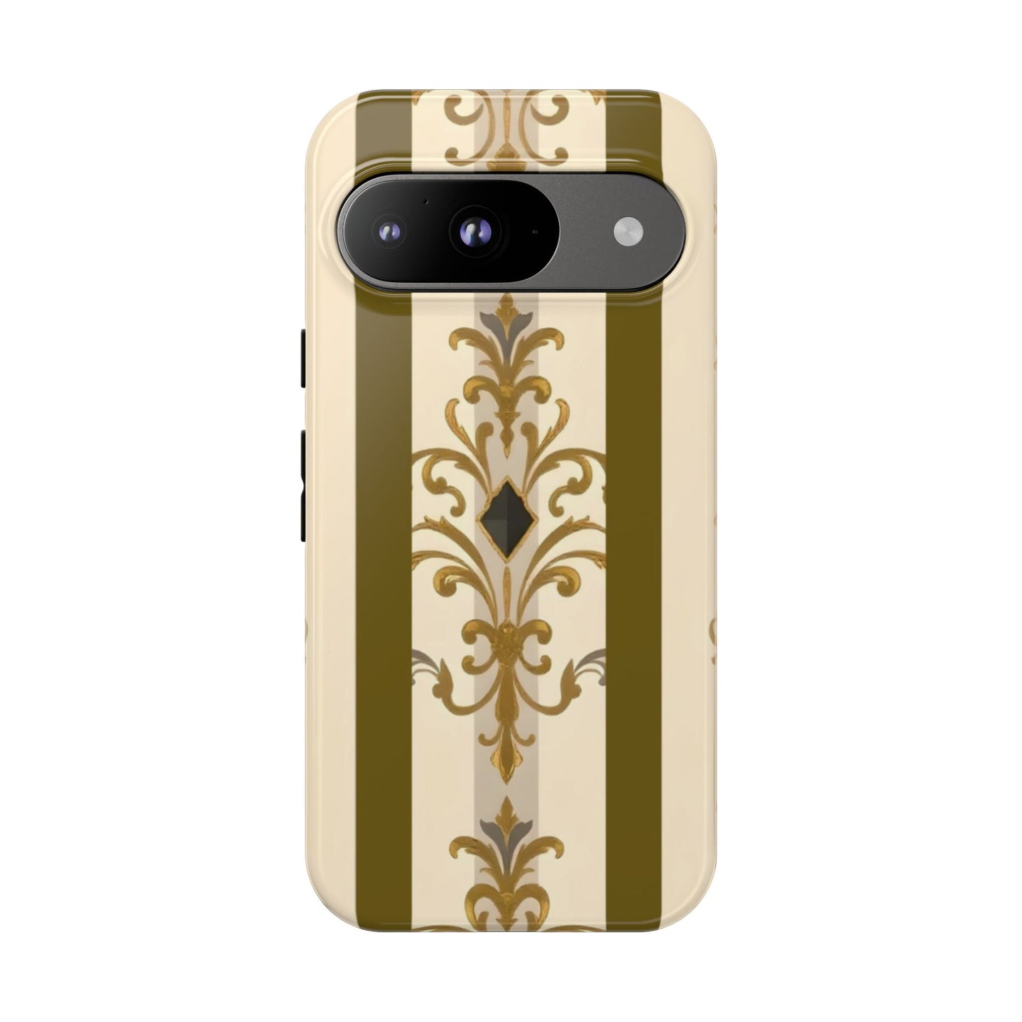 Elegant Floral Motif Phone Case - Tough Cases with Vintage Design - Olive Striped Gold Damask