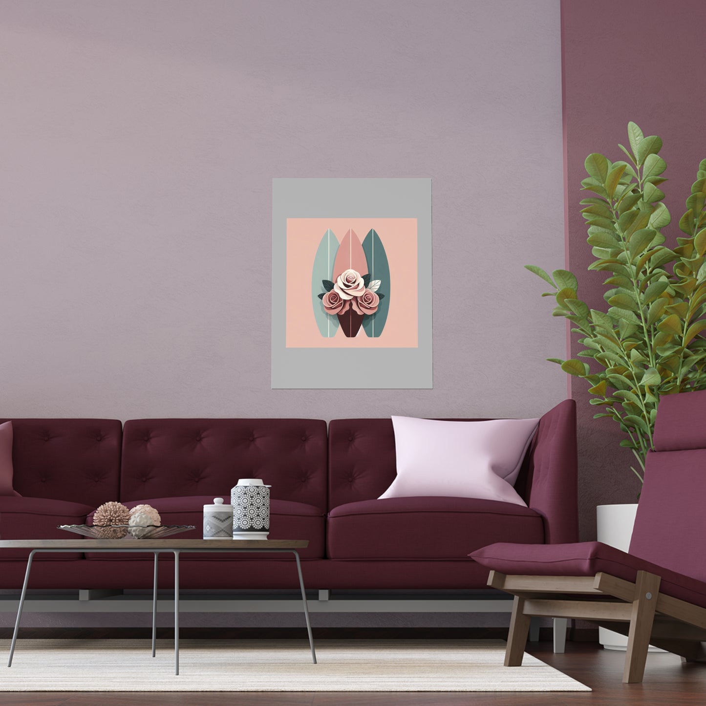 Elegant Floral Silk Poster - Indoor/Outdoor Wall Art for Home Decor - Burgundy, Matte Mauve & Teal Surfboard & Roses