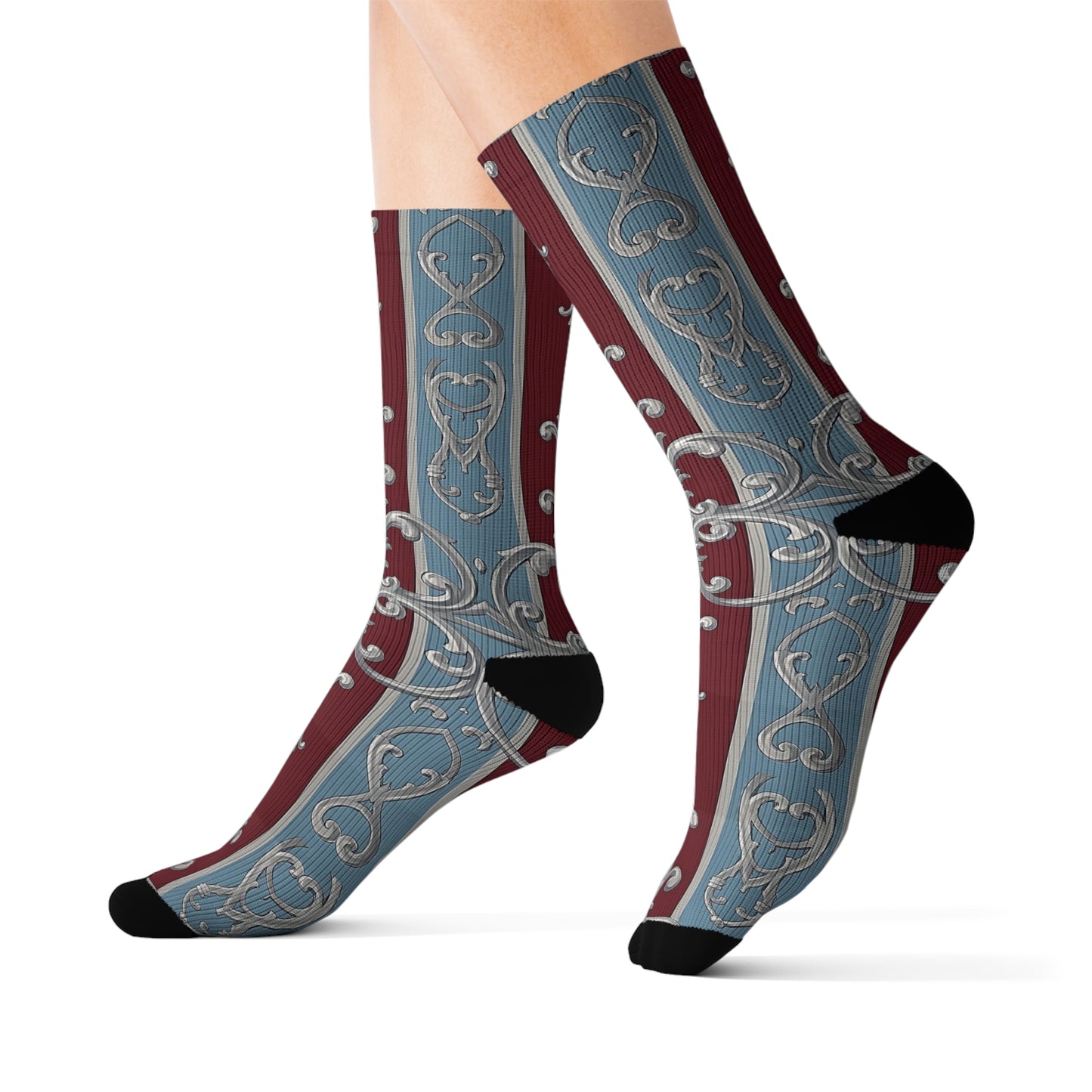 Elegant Sublimation Socks - Vintage Floral Design for Luxe Style - Ice Blue & Burgundy Striped Baroque