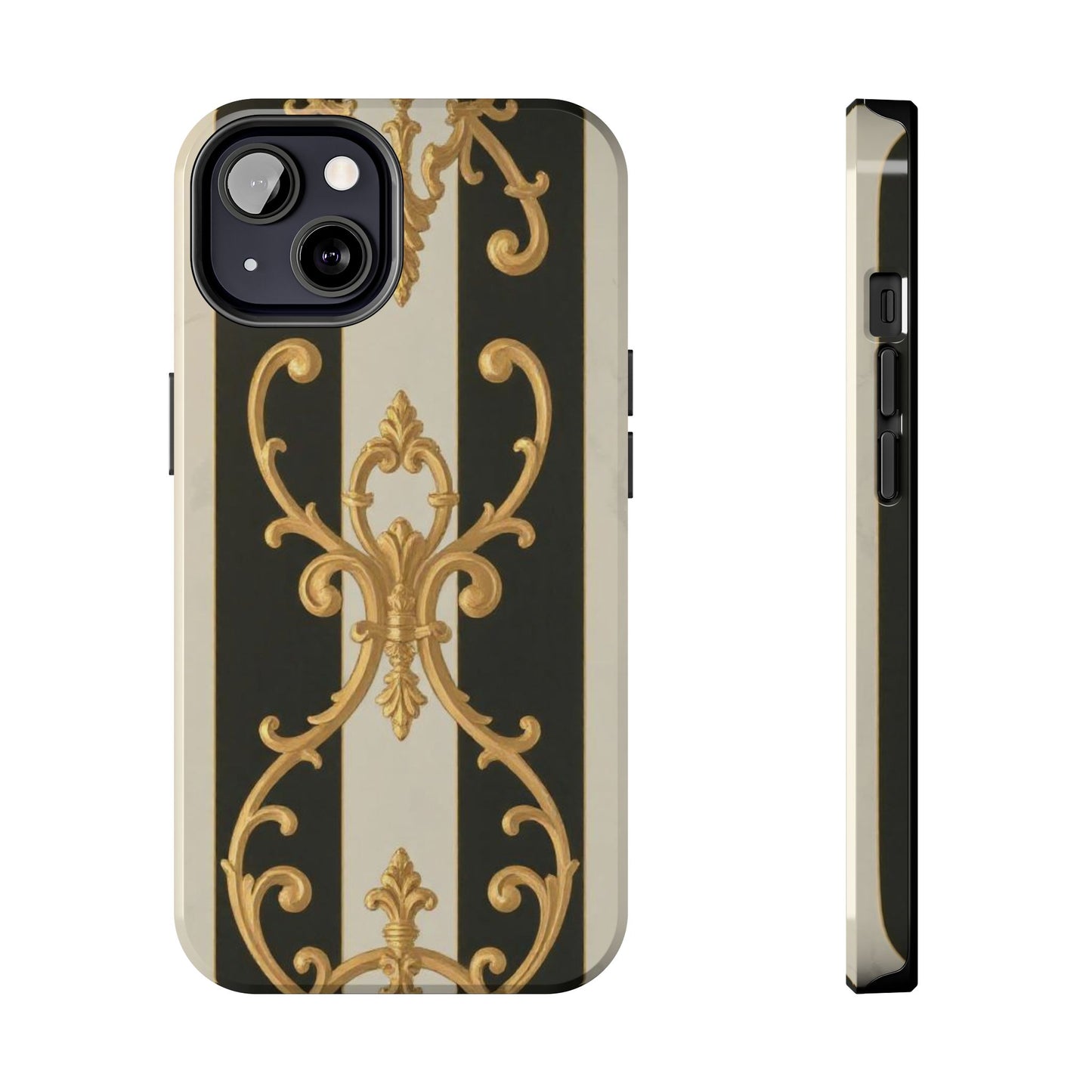 Elegant Black & Alabaster Striped Baroque Tough Phone Cases - Chic Protection, Black Gold Decor, Stylish Accessory, Gift for Her, Trendy Tech