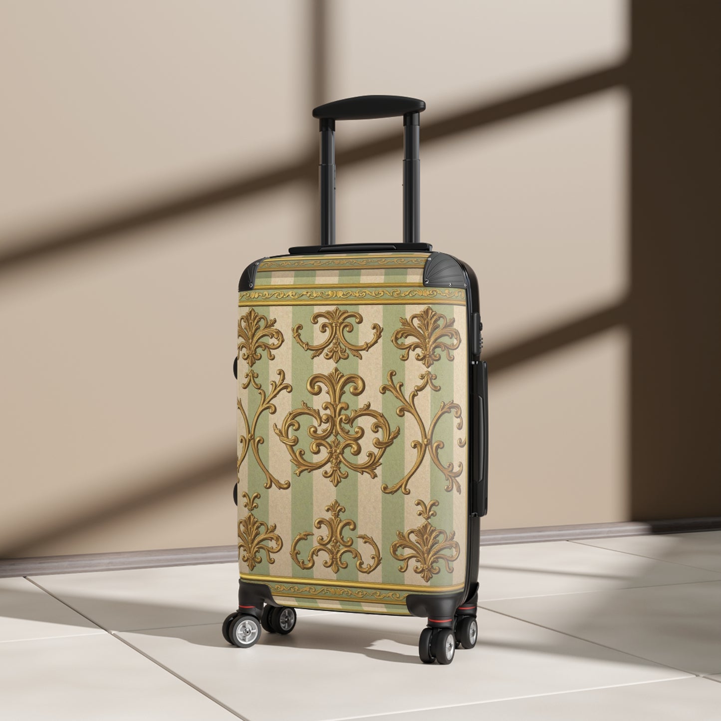 Elegant Travel Suitcase with Vintage Design, Stylish Luggage for Travelers, Perfect Gift for Holidays - Mint & Beige Striped Gold Baroque