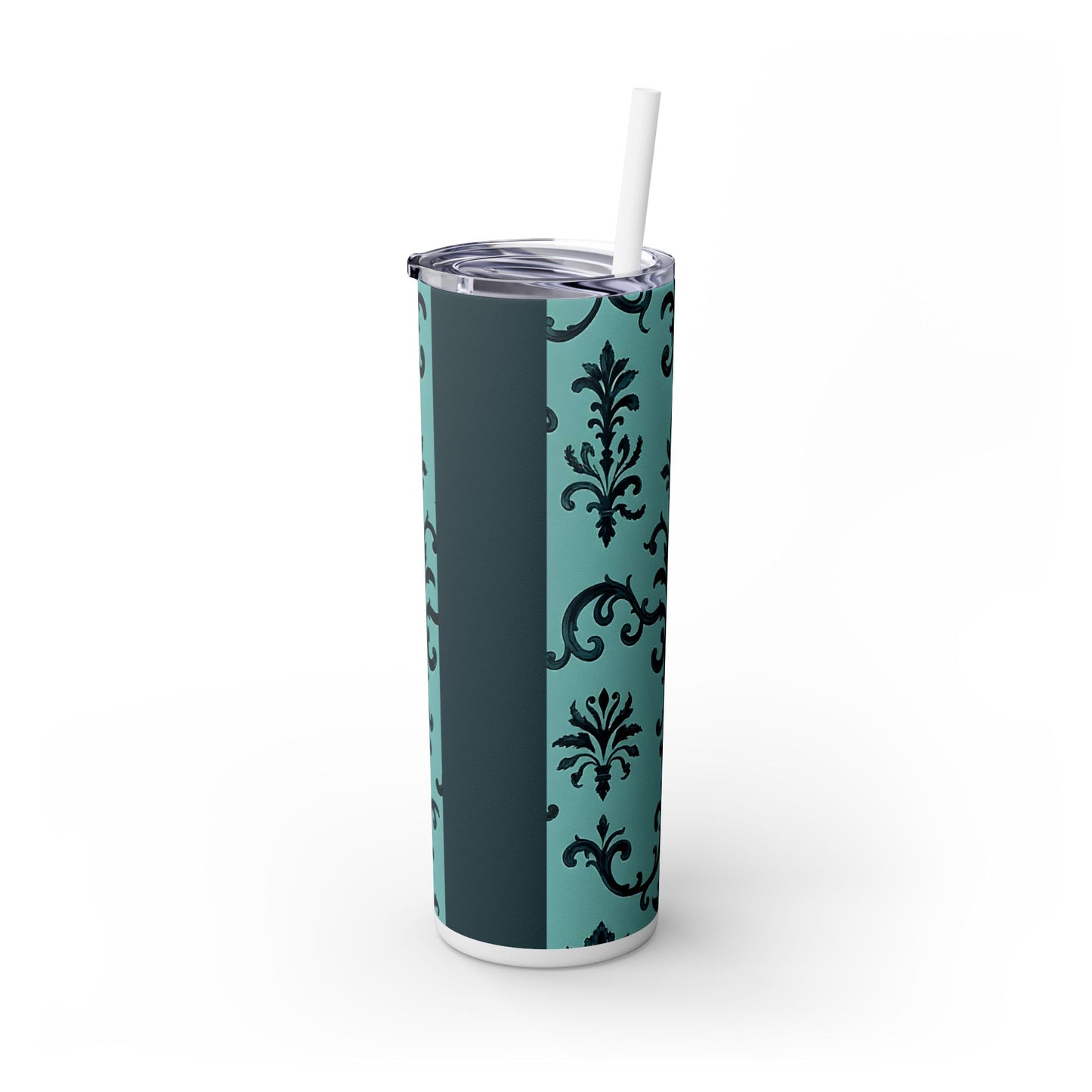 Elegant Floral Skinny Tumbler with Straw, 20oz, Personalized Drinkware, Stylish Travel Mug, Great Gift for Her - Teal Striped Rococo