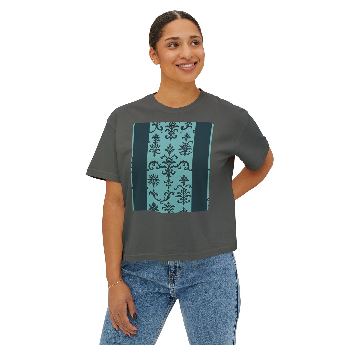 Women's Boxy Tee with Vintage Floral Design, Casual Top, Everyday Wear, Gifts for Her, Summer Fashion, Vintage Style T-Shirt - Teal Striped Rococo