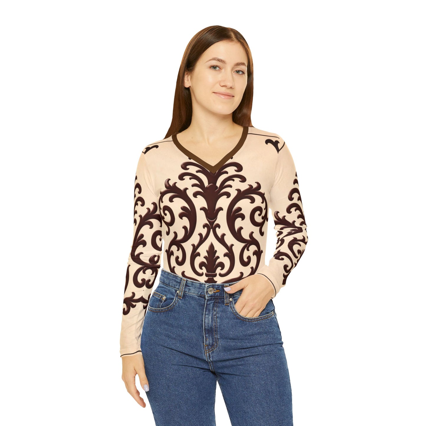 Almond-Beige & Brown Baroque Women's V-Neck Long Sleeve Shirt — Elegant Baroque Scroll Print