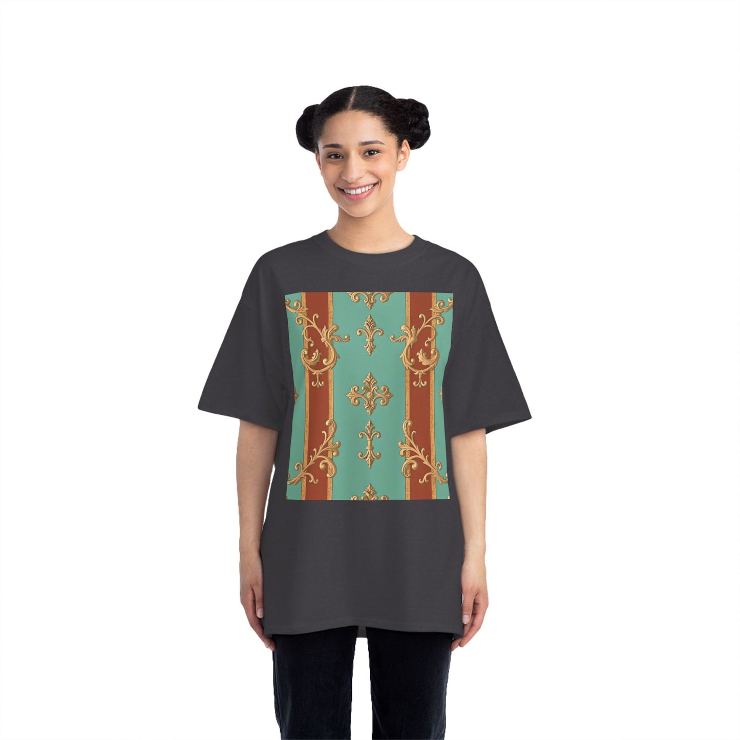 Elegant Vintage Patterned T-Shirt | Vintage Style Tee, Casual Wear, Retro Aesthetic - Rust & Mint Aqua Striped Baroque