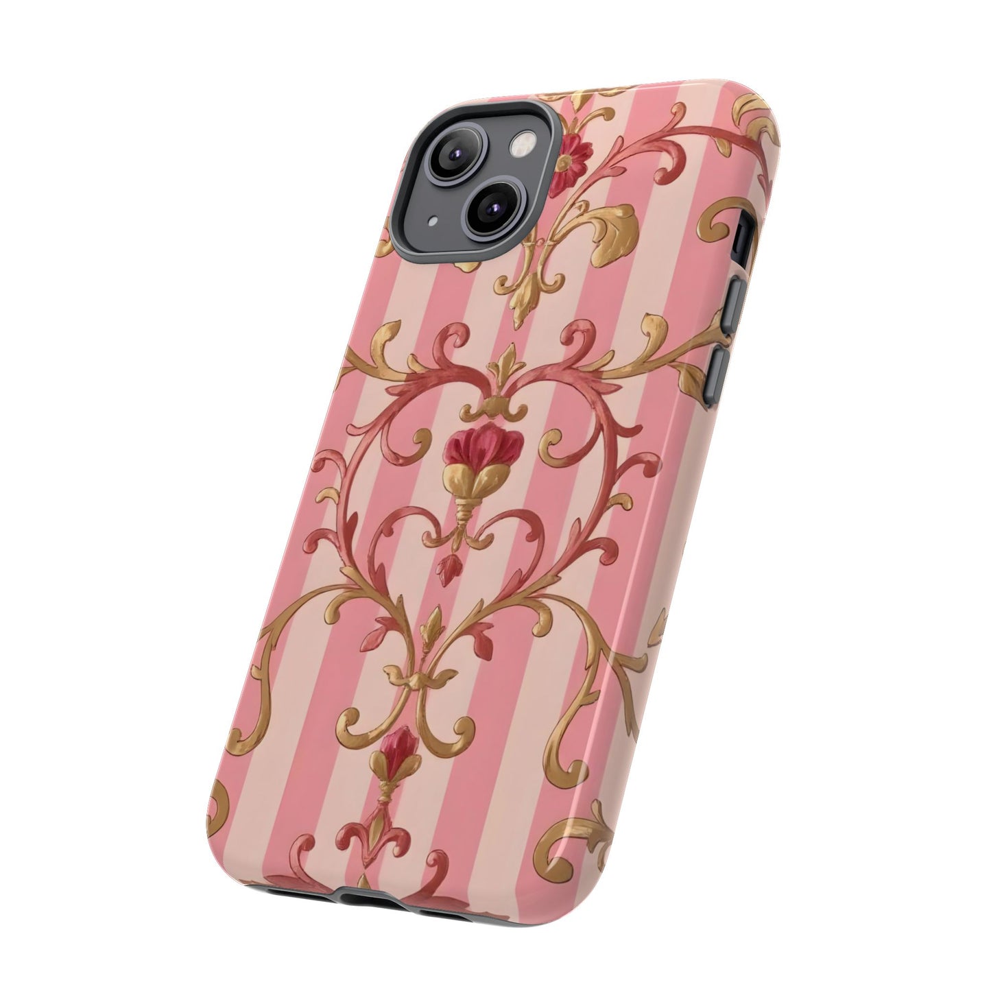 Elegant Floral Motif Phone Case - Tough Cases with Vintage Design - Pink Striped Rose Gold Damask